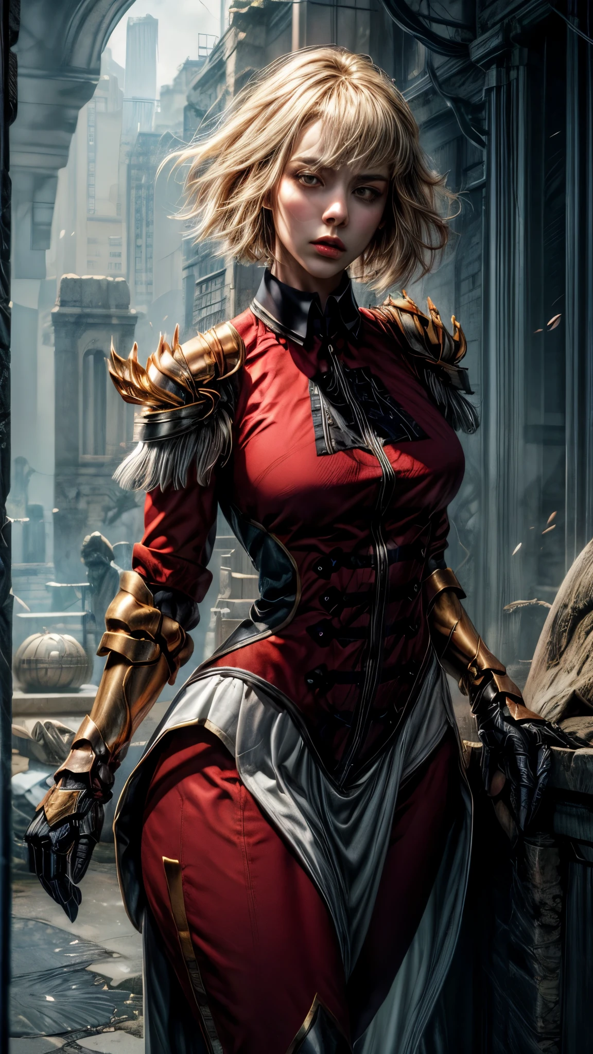 solo, 1girl, cha hae-in, expressionless, looking at viewer, armor, black collar, shoulder armor, long sleeves, gloves, gauntlets, pelvic curtain, large breasts, thick thighs, curvy hips 