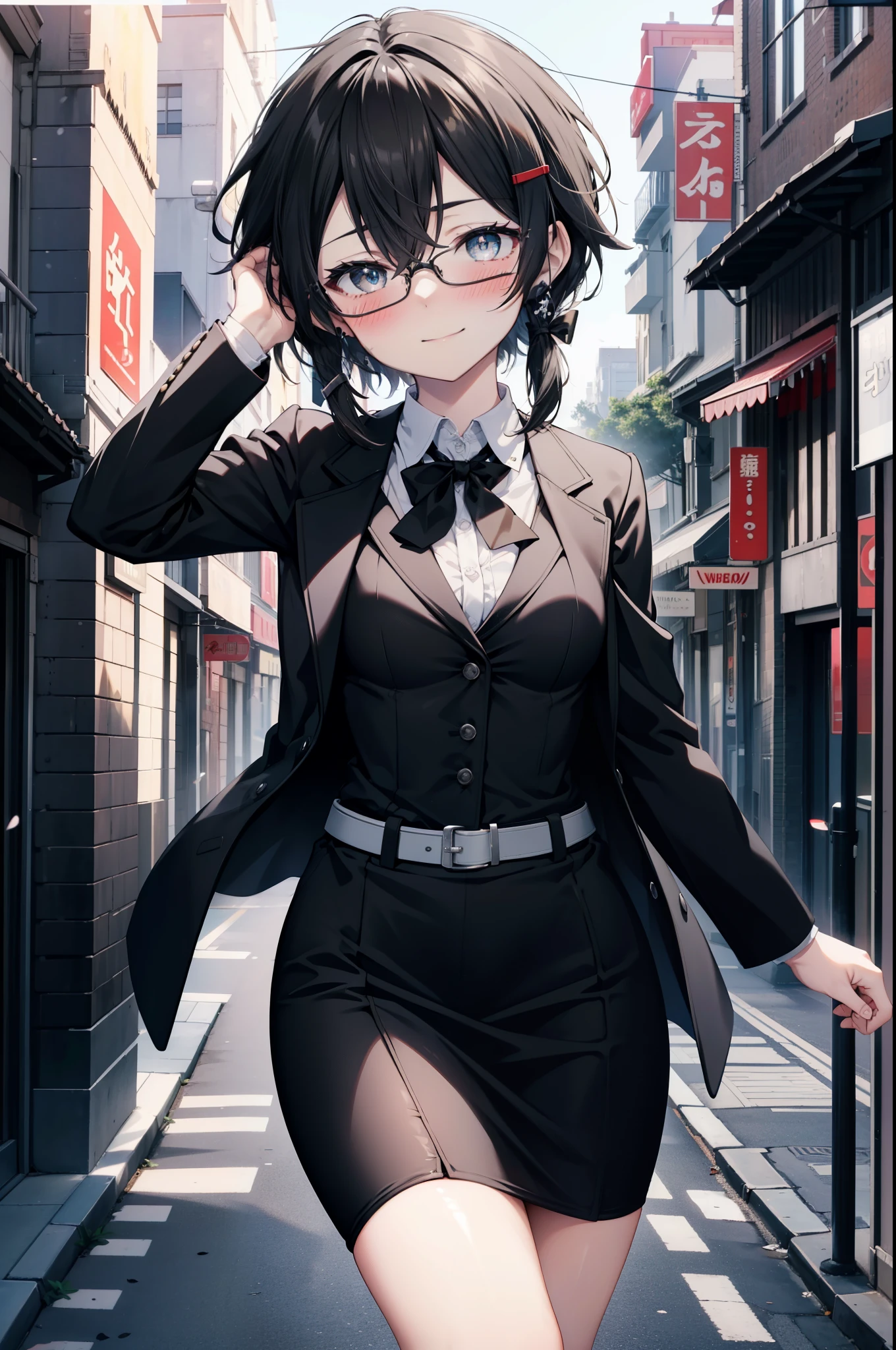 Shino Asada, Shino Asada, (black eye:1.5), Black Hair, Hair between the eyes, Hair Ribbon, short hair, Side Lock, Black-rimmed glasses, Medium-sized bust office lady, Black suit jacket, Collared jacket, White dress shirt, Collared shirt, Neckline, button, Black pencil skirt, Black pantyhose, Stiletto heels,happy smile, smile, Open your mouth, smile,blush,charm, whole bodyがイラストに入るように,morning,morning陽,The sun is rising,Walking,
break looking at viewer,whole body,crowd, people々々,
break outdoors, In town,Building district,Scramble crossing,
break (masterpiece:1.2), highest quality, High resolution, unity 8k wallpaper, (shape:0.8), (Fine and beautiful eyes:1.6), Highly detailed face, Perfect lighting, Highly detailed CG, (Perfect hands, Perfect Anatomy),