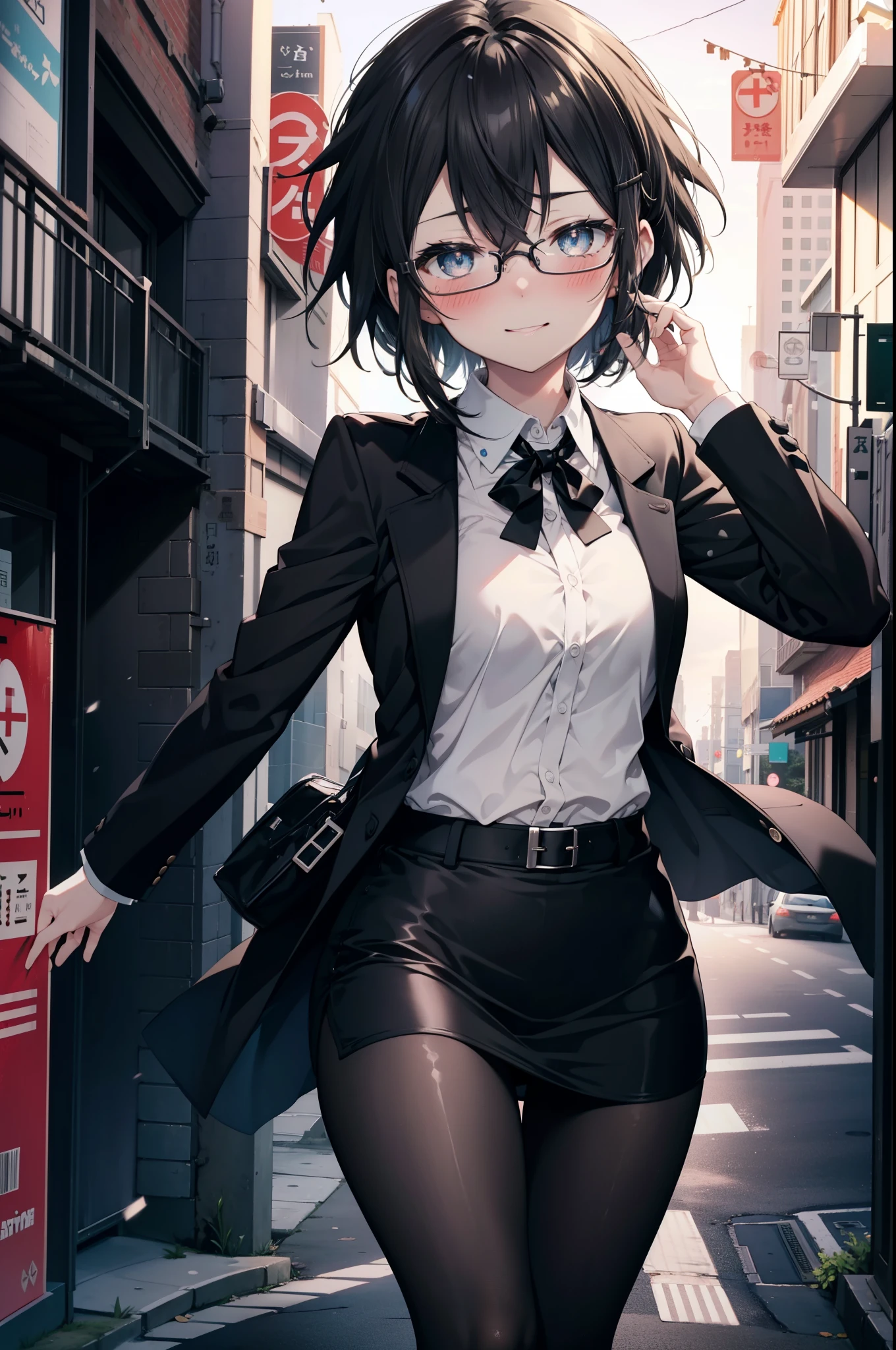 Shino Asada, Shino Asada, (black eye:1.5), Black Hair, Hair between the eyes, Hair Ribbon, short hair, Side Lock, Black-rimmed glasses, Medium-sized bust office lady, Black suit jacket, Collared jacket, White dress shirt, Collared shirt, Neckline, button, Black pencil skirt, Black pantyhose, Stiletto heels,happy smile, smile, Open your mouth, smile,blush,charm, whole bodyがイラストに入るように,morning,morning陽,The sun is rising,Walking,
break looking at viewer,whole body,crowd, people々々,
break outdoors, In town,Building district,Scramble crossing,
break (masterpiece:1.2), highest quality, High resolution, unity 8k wallpaper, (shape:0.8), (Fine and beautiful eyes:1.6), Highly detailed face, Perfect lighting, Highly detailed CG, (Perfect hands, Perfect Anatomy),