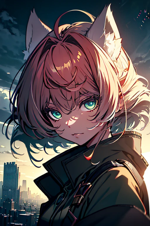 masterpiece, best quality, ((girl)), (colorful),(finely detailed beautiful eyes and detailed face),cinematic lighting,extremely detailed CG unity 8k wallpaper, sky, cloudy_sky, building, (dark theme:1.3), light, fantasy, Fox Ears, red hair and green eyes, ((dark green overcoat)) Mature Woman7