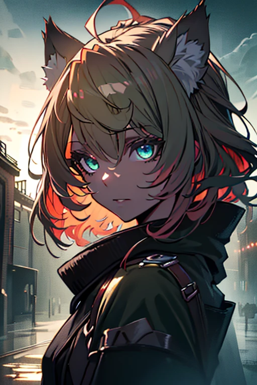 masterpiece, best quality, ((girl)), (colorful),(finely detailed beautiful eyes and detailed face),cinematic lighting,extremely detailed CG unity 8k wallpaper, sky, cloudy_sky, building, (dark theme:1.3), light, fantasy, Fox Ears, red hair and green eyes, ((dark green overcoat)) Mature Woman7