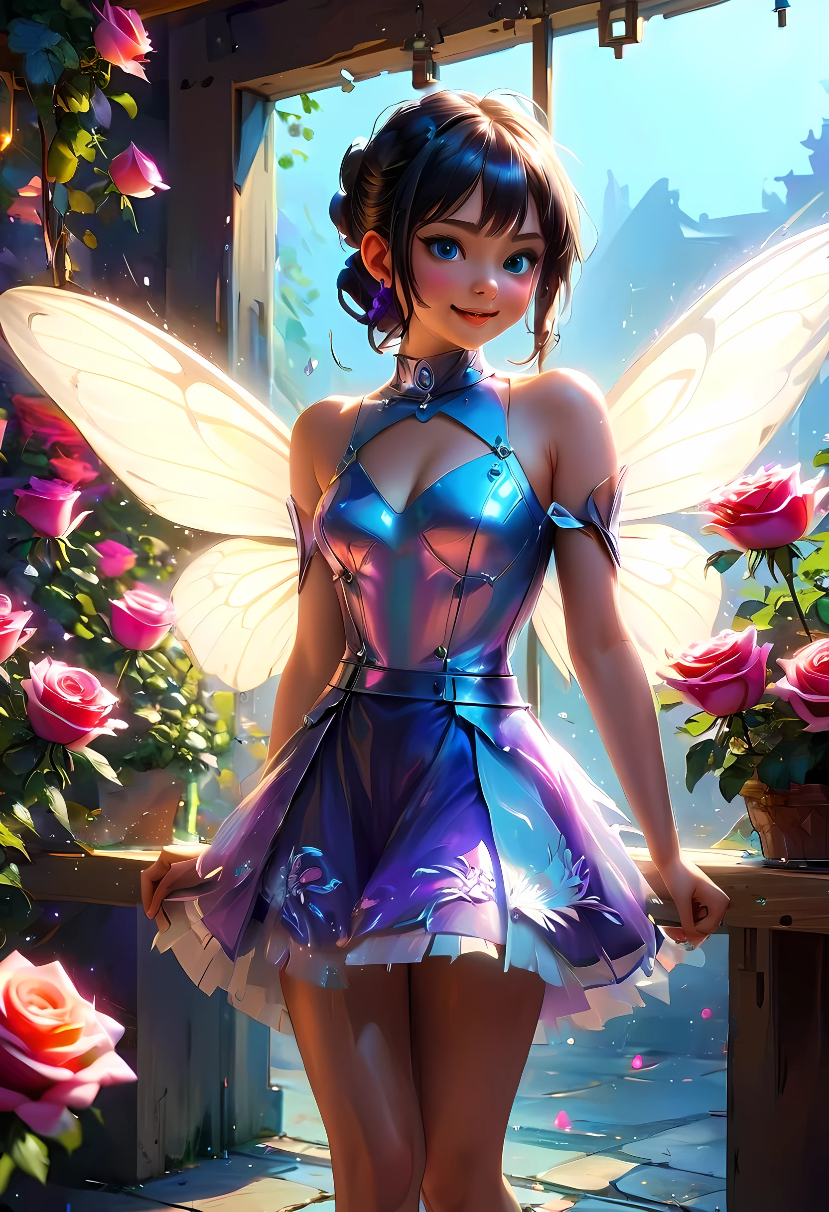 high details, best quality, 16k, RAW, [best detailed], masterpiece, best quality, (extremely detailed), GlowingRunes_paleblue, full body, ultra wide shot, photorealistic, fantasy art, RPG art, D&D art, a picture of a fairy selling flowers in a florist shop, extremely beautiful fairy, ultra feminine (intense details, Masterpiece, best quality), (purple: 1.3) butterfly wings (intense details, Masterpiece, best quality), purple and white wings (intense details, Masterpiece, best quality),  black hair, pixie cut hair, shinning hair, flowing hair, shy smile, innocent smile, blue eyes, wearing black skirt, dynamic elegant shirt, chocker, wearing high heels, in flower shop (intense details, Masterpiece, best quality), extreme many (red roses: 1.3) (intense details, Masterpiece, best quality), (red: 1.3) roses shop in a modern era street, High Detail, Ultra High Quality, High Resolution, 16K Resolution, Ultra HD Pictures, Ultra Realistic, Clear Details, Realistic Detail, Ultra High Definition, Big Fairy Wings, wearing edgLL leather lingerie, ArmoredDress