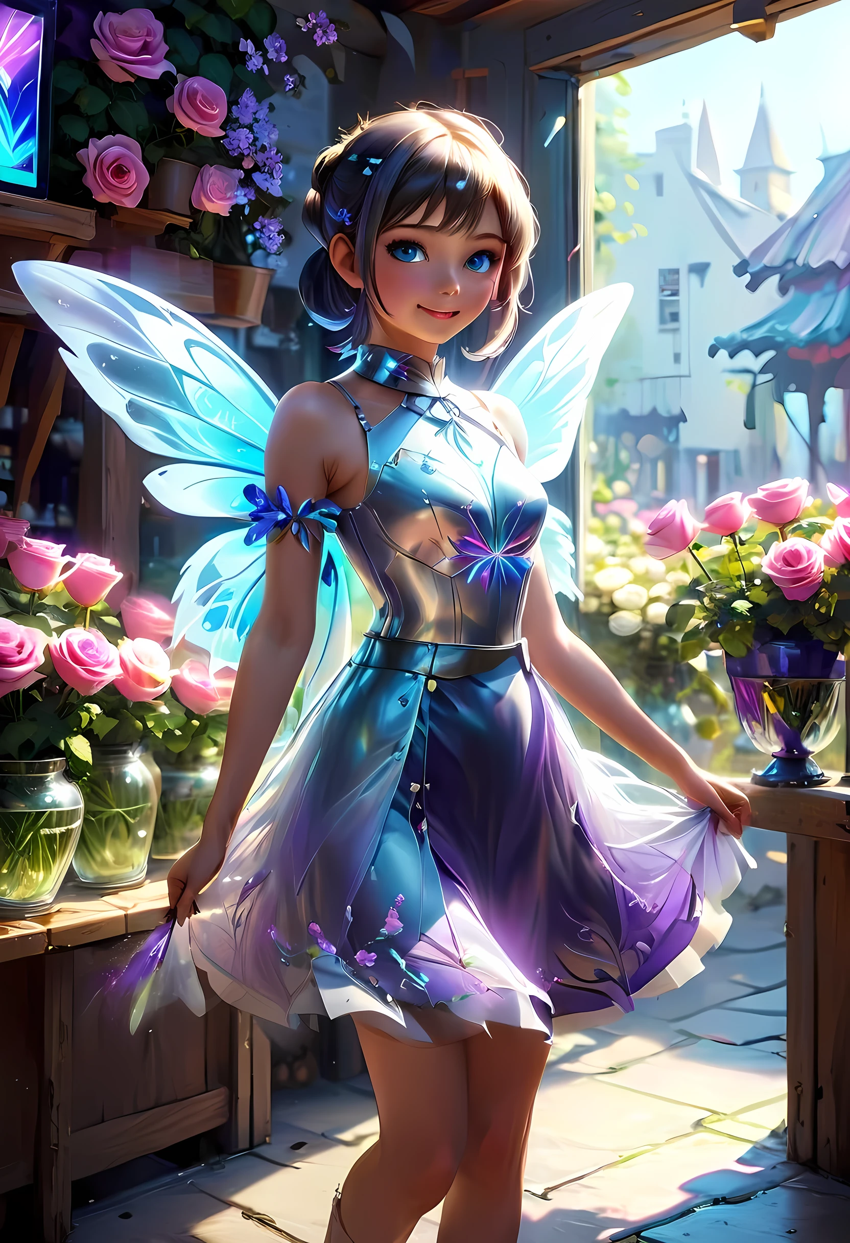 high details, best quality, 16k, RAW, [best detailed], masterpiece, best quality, (extremely detailed), GlowingRunes_paleblue, full body, ultra wide shot, photorealistic, fantasy art, RPG art, D&D art, a picture of a fairy selling flowers in a florist shop, extremely beautiful fairy, ultra feminine (intense details, Masterpiece, best quality), (purple: 1.3) butterfly wings (intense details, Masterpiece, best quality), purple and white wings (intense details, Masterpiece, best quality),  black hair, pixie cut hair, shinning hair, flowing hair, shy smile, innocent smile, blue eyes, wearing black skirt, dynamic elegant shirt, chocker, wearing high heels, in flower shop (intense details, Masterpiece, best quality), extreme many (red roses: 1.3) (intense details, Masterpiece, best quality), (red: 1.3) roses shop in a modern era street, High Detail, Ultra High Quality, High Resolution, 16K Resolution, Ultra HD Pictures, Ultra Realistic, Clear Details, Realistic Detail, Ultra High Definition, Big Fairy Wings, wearing edgLL leather lingerie, ArmoredDress
