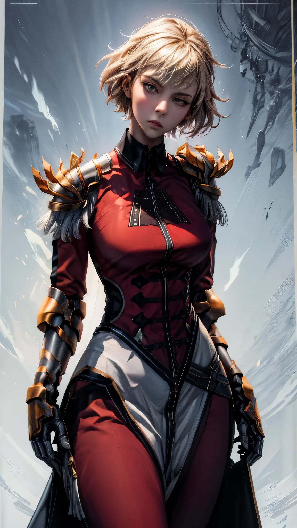 solo, 1girl, cha hae-in, expressionless, looking at viewer, armor, black collar, shoulder armor, long sleeves, gloves, gauntlets, pelvic curtain, large breasts, thick thighs, curvy hips 