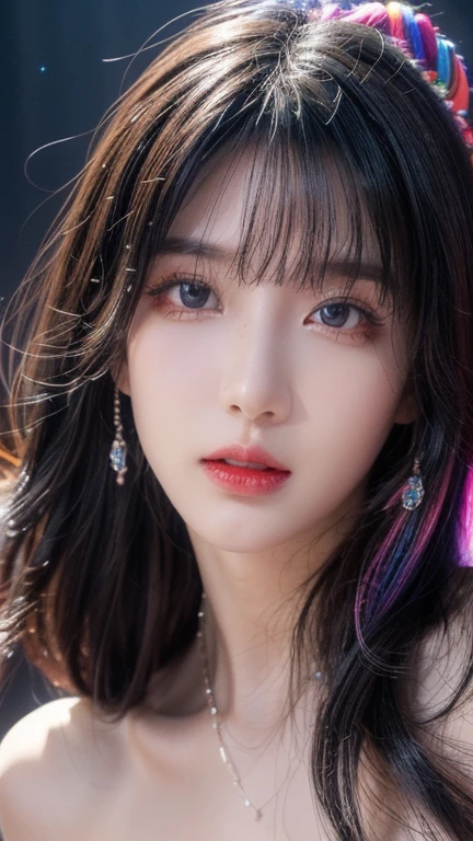 (close), Portraiture, Portraiture, (alone), masterpiece, highest quality, Clothes with strong contrast, psychedelic, [[[LSD]]], particle, bloom, Neon lighting, (Shine), Flat Color, Splashes of color, Mixing colors、Idol Stage、(((Super High Leg 1.5)))、Intermediate photoid Shot、Face close-up、Singing with a banana、Bikini 1.2