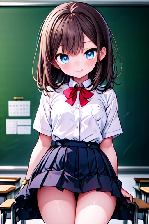 One high school girl, Brown Hair, blue eyes,Slightly chubby,The breasts are small,The butt is small, Lips parted, compensate, A light smile, , classroom, light, Shine, Thighs, clavicle, Tight waist, uniform,(masterpiece), wallpaper