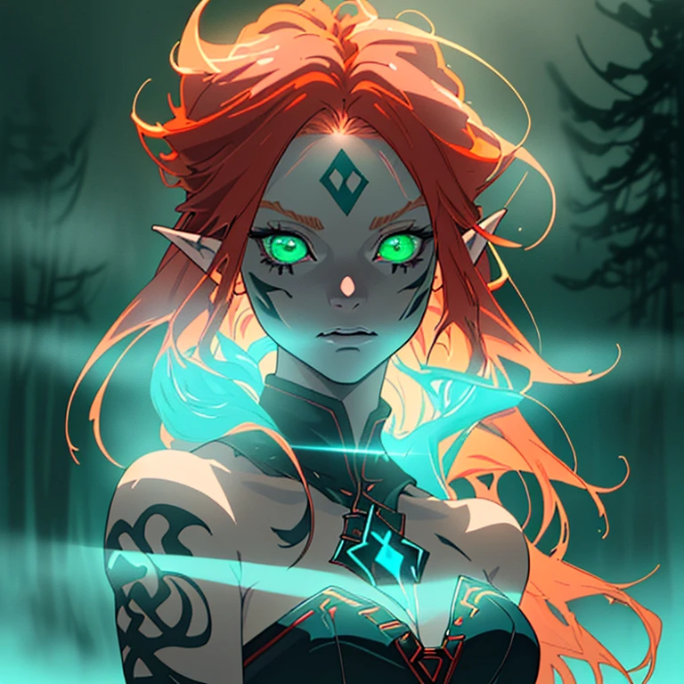 (character, unique person) young woman, (legend of zelda) (((amazing lighting)) ((epic lighting)) ((glowing mystical lights)),long red hair, viking, Nordic rune tattoos on face and body, bright green eyes, Witch. amidst the fog, foggy, this woman channels a mystical power in the dead of night (Anime), (anime style), (super detailed), (16k), anime
