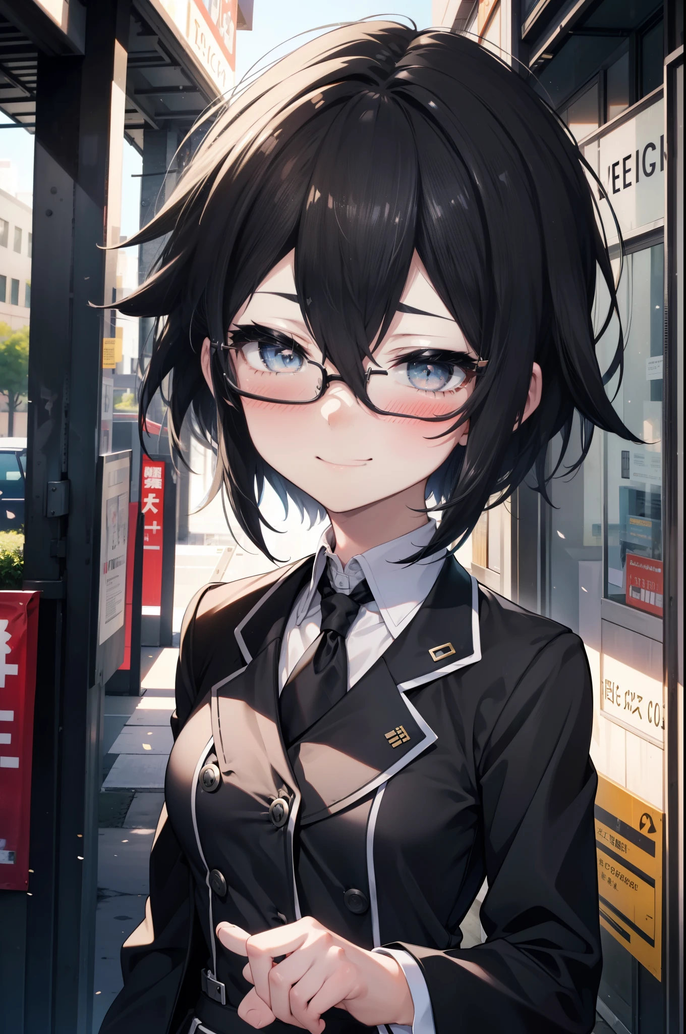 Shino Asada, Shino Asada, (black eye:1.5), Black Hair, Hair between the eyes, Hair Ribbon, short hair, Side Lock, Black-rimmed glasses, Medium-sized bust office lady, Black suit jacket, Collared jacket, White dress shirt, Collared shirt, Neckline, button, Black pencil skirt, Black pantyhose, Stiletto heels,happy smile, smile, Open your mouth, smile,blush,charm, whole bodyがイラストに入るように,morning,morning陽,The sun is rising,Walking,
break looking at viewer,whole body,crowd, people々々,
break outdoors, In town,Building district,Scramble crossing,
break (masterpiece:1.2), highest quality, High resolution, unity 8k wallpaper, (shape:0.8), (Fine and beautiful eyes:1.6), Highly detailed face, Perfect lighting, Highly detailed CG, (Perfect hands, Perfect Anatomy),