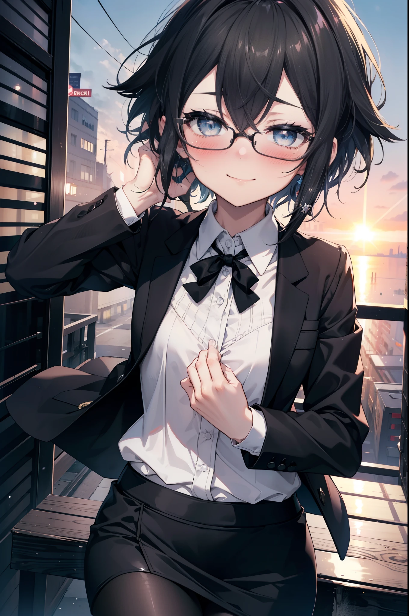 Shino Asada, Shino Asada, (black eye:1.5), Black Hair, Hair between the eyes, Hair Ribbon, short hair, Side Lock, Black-rimmed glasses, Medium-sized bust office lady, Black suit jacket, Collared jacket, White dress shirt, Collared shirt, Neckline, button, Black pencil skirt, Black pantyhose, Stiletto heels,happy smile, smile, Open your mouth, smile,blush,charm, whole bodyがイラストに入るように,morning,morning陽,The sun is rising,Walking,
break looking at viewer,whole body,crowd, people々々,
break outdoors, In town,Building district,Scramble crossing,
break (masterpiece:1.2), highest quality, High resolution, unity 8k wallpaper, (shape:0.8), (Fine and beautiful eyes:1.6), Highly detailed face, Perfect lighting, Highly detailed CG, (Perfect hands, Perfect Anatomy),