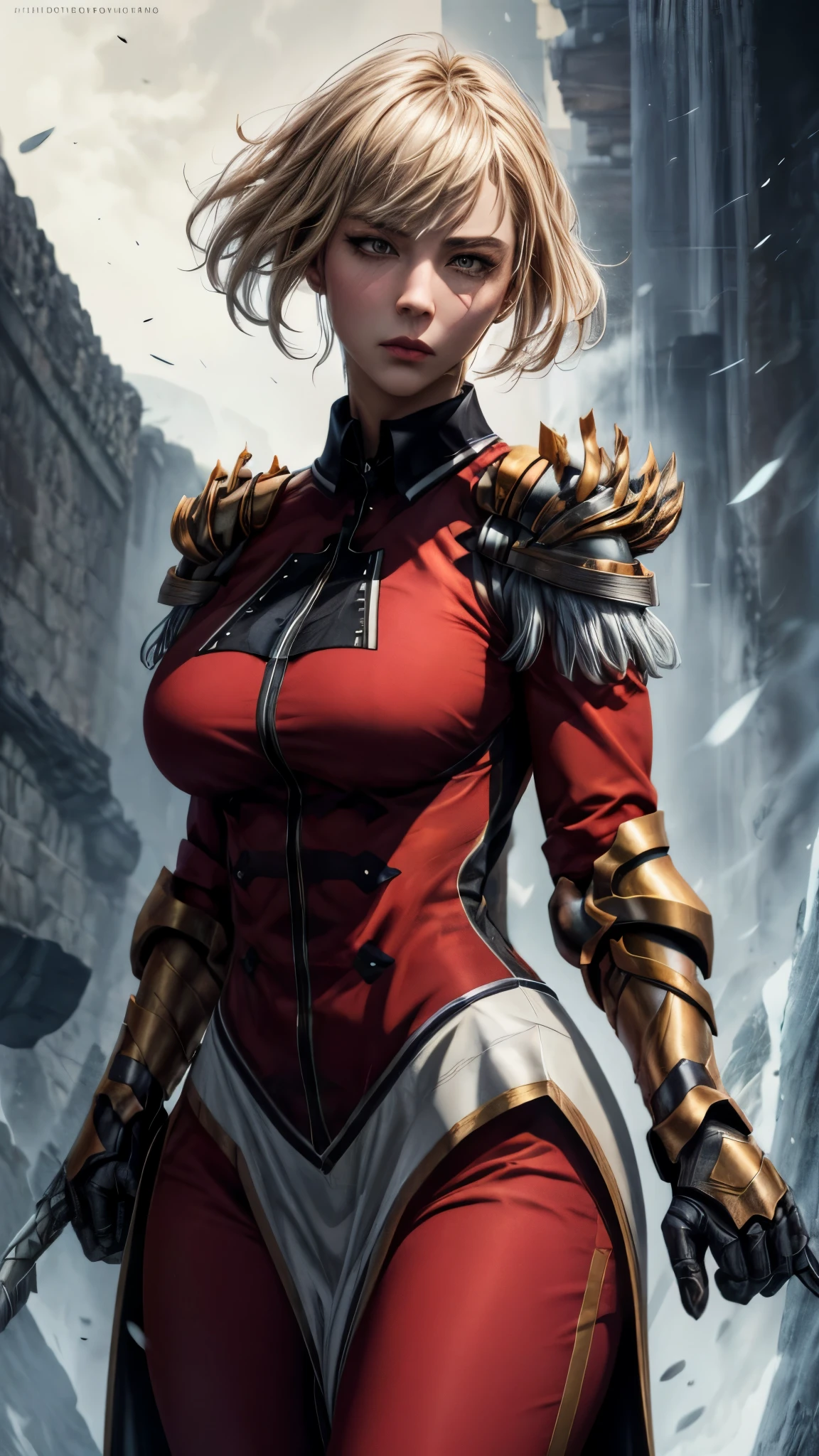 solo, 1girl, cha hae-in, expressionless, looking at viewer, armor, black collar, shoulder armor, long sleeves, gloves, gauntlets, pelvic curtain, large breasts, thick thighs, curvy hips 