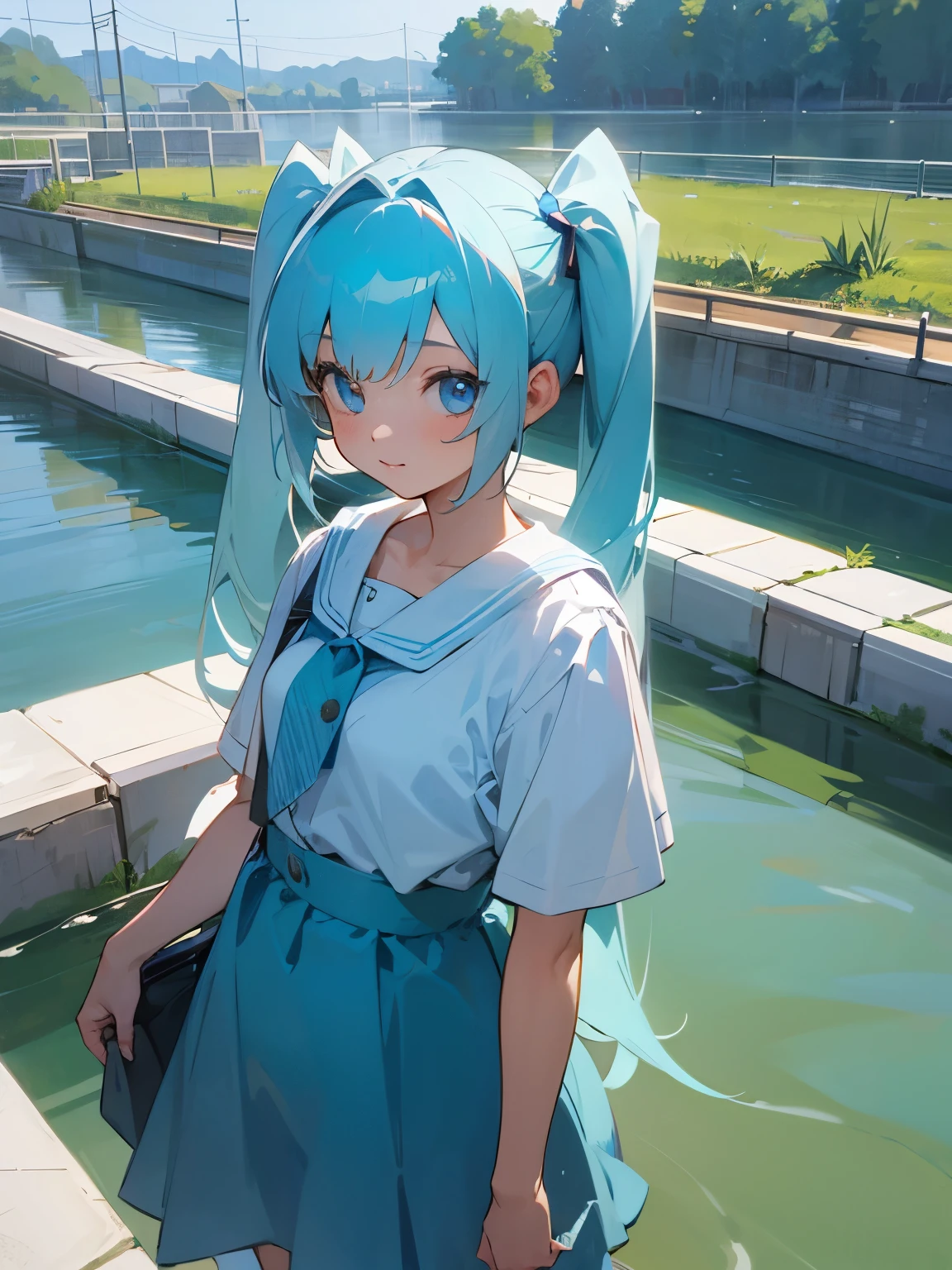 Girl looking at the dam Waterway Water Twintails Light blue hair