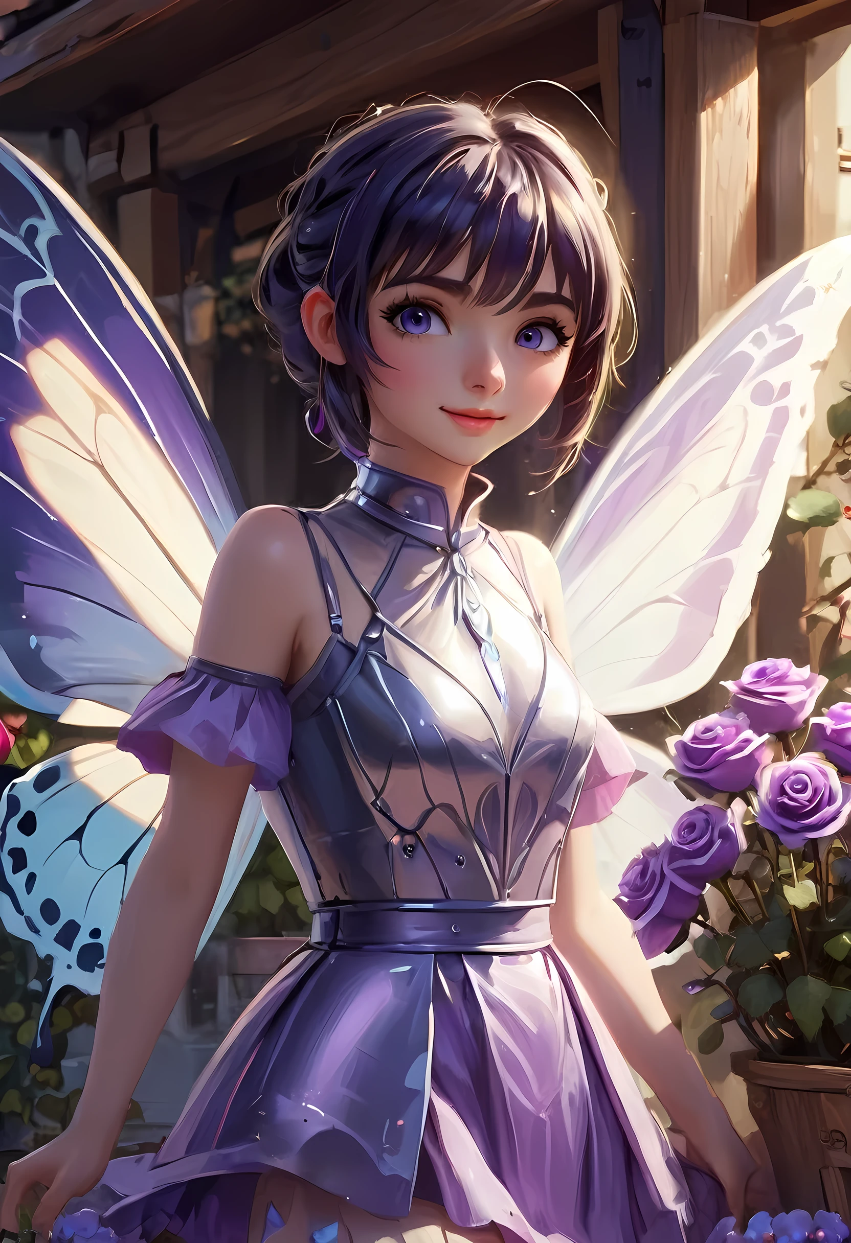 high details, best quality, 16k, RAW, [best detailed], masterpiece, best quality, (extremely detailed), GlowingRunes_paleblue, full body, ultra wide shot, photorealistic, fantasy art, RPG art, D&D art, a picture of a fairy selling flowers in a florist shop, extremely beautiful fairy, ultra feminine (intense details, Masterpiece, best quality), (purple: 1.3) butterfly wings (intense details, Masterpiece, best quality), purple and white wings (intense details, Masterpiece, best quality),  black hair, pixie cut hair, shinning hair, flowing hair, shy smile, innocent smile, blue eyes, wearing black skirt, dynamic elegant shirt, chocker, wearing high heels, in flower shop (intense details, Masterpiece, best quality), extreme many (red roses: 1.3) (intense details, Masterpiece, best quality), (red: 1.3) roses shop in a modern era street, High Detail, Ultra High Quality, High Resolution, 16K Resolution, Ultra HD Pictures, Ultra Realistic, Clear Details, Realistic Detail, Ultra High Definition, Big Fairy Wings, wearing edgLL leather lingerie, ArmoredDress