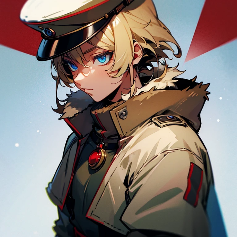 Blue eyes , blonde hair , military outfit with a small red symbol , snowy tundra background , 1male , furry winter hat