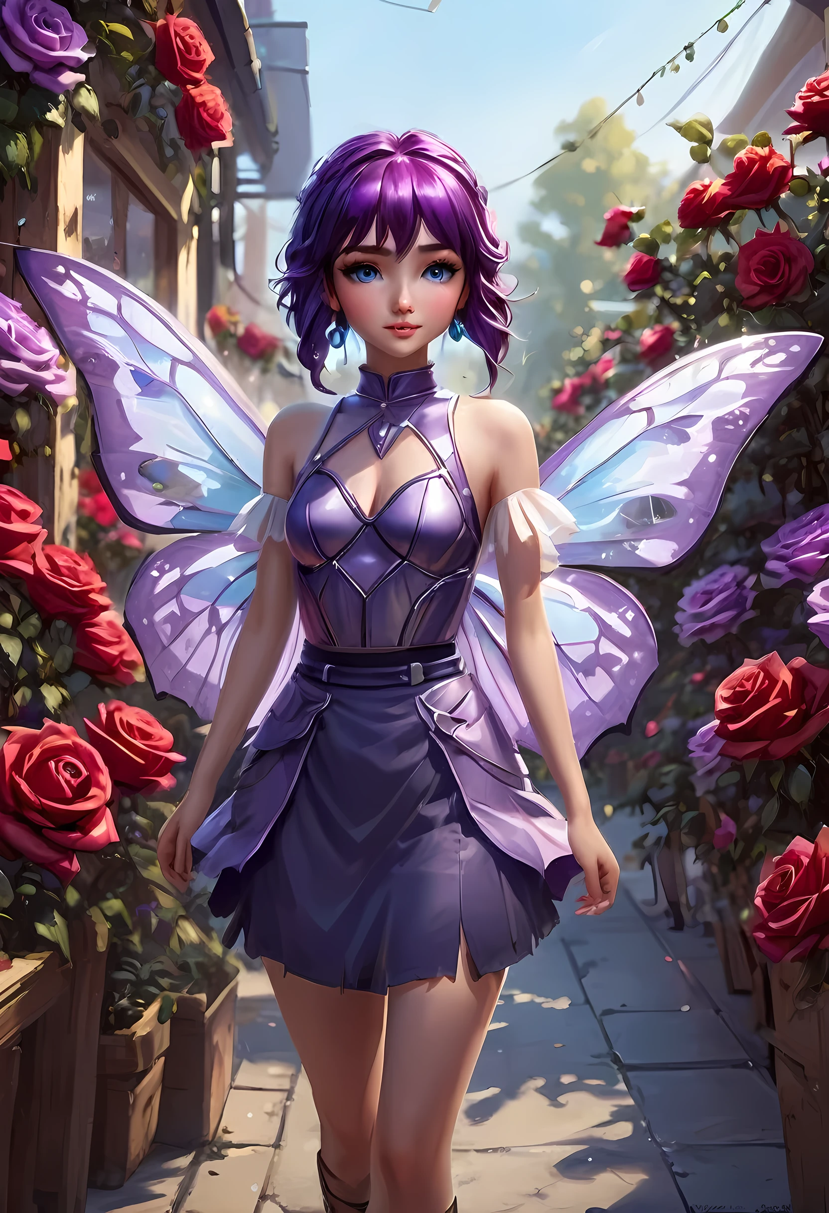 high details, best quality, 16k, RAW, [best detailed], masterpiece, best quality, (extremely detailed), GlowingRunes_paleblue, full body, ultra wide shot, photorealistic, fantasy art, RPG art, D&D art, a picture of a fairy selling flowers in a florist shop, extremely beautiful fairy, ultra feminine (intense details, Masterpiece, best quality), (purple: 1.3) butterfly wings (intense details, Masterpiece, best quality), purple and white wings (intense details, Masterpiece, best quality),  black hair, pixie cut hair, shinning hair, flowing hair, shy smile, innocent smile, blue eyes, wearing black skirt, dynamic elegant shirt, chocker, wearing high heels, in flower shop (intense details, Masterpiece, best quality), extreme many (red roses: 1.3) (intense details, Masterpiece, best quality), (red: 1.3) roses shop in a modern era street, High Detail, Ultra High Quality, High Resolution, 16K Resolution, Ultra HD Pictures, Ultra Realistic, Clear Details, Realistic Detail, Ultra High Definition, Big Fairy Wings, wearing edgLL leather lingerie, ArmoredDress