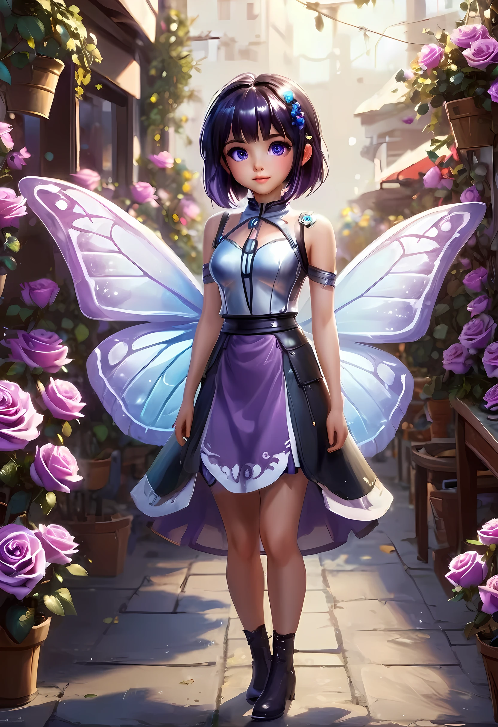 high details, best quality, 16k, RAW, [best detailed], masterpiece, best quality, (extremely detailed), GlowingRunes_paleblue, full body, ultra wide shot, photorealistic, fantasy art, RPG art, D&D art, a picture of a fairy selling flowers in a florist shop, extremely beautiful fairy, ultra feminine (intense details, Masterpiece, best quality), (purple: 1.3) butterfly wings (intense details, Masterpiece, best quality), purple and white wings (intense details, Masterpiece, best quality),  black hair, pixie cut hair, shinning hair, flowing hair, shy smile, innocent smile, blue eyes, wearing black skirt, dynamic elegant shirt, chocker, wearing high heels, in flower shop (intense details, Masterpiece, best quality), extreme many (red roses: 1.3) (intense details, Masterpiece, best quality), (red: 1.3) roses shop in a modern era street, High Detail, Ultra High Quality, High Resolution, 16K Resolution, Ultra HD Pictures, Ultra Realistic, Clear Details, Realistic Detail, Ultra High Definition, Big Fairy Wings, wearing edgLL leather lingerie, ArmoredDress