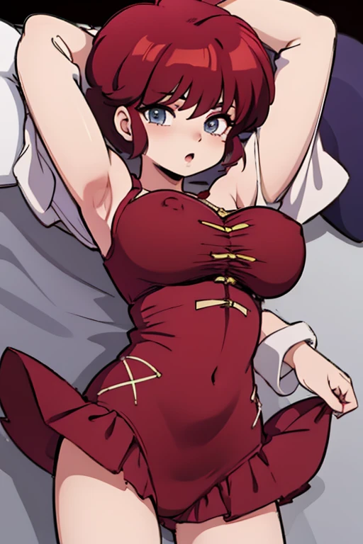 Ranmachan, Cabello rojo corto, pechos grandes rebotando, cuerpo completo, in the breasts. Traje rojo, ropa china, acostada en una cama, recostada, rubor, durmiendo, , ojos cerrados, ropa para dormir, Sexy sleepwear