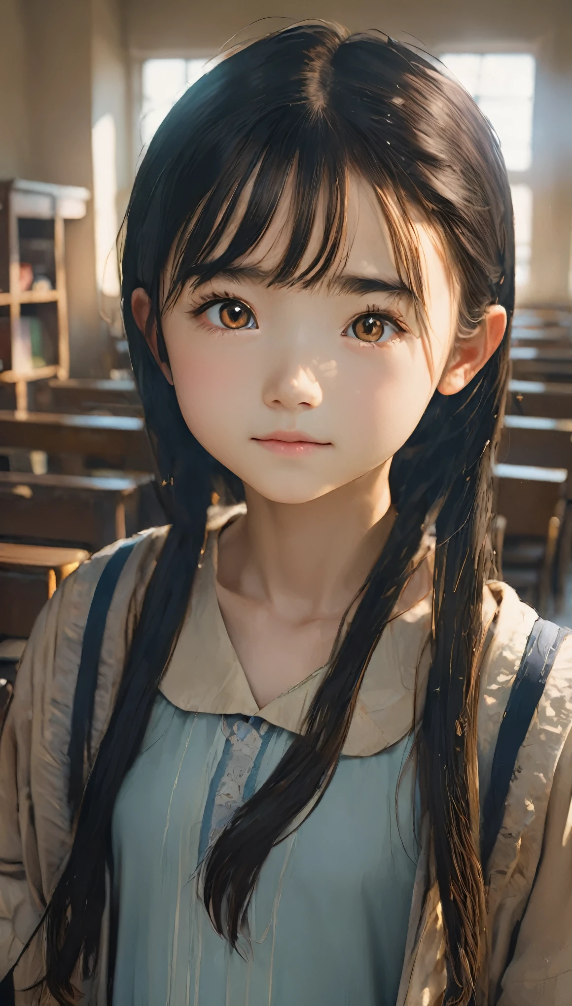 Unity 16k wallpapers, masterpiece, highest quality, Ultra-Familiar, Extremely Familiar CG, Caustics, Cinema Lighting, Familiar, Beautiful Familiar Eyes, Realistic skin texture, 1 girl, Young girl, Dark brown eyes, Adorable, Realistic:1.5, sunlight, (Beautiful black hair:1.3, 10 years :1.3), Inside the school, blush, Sad eyebrows