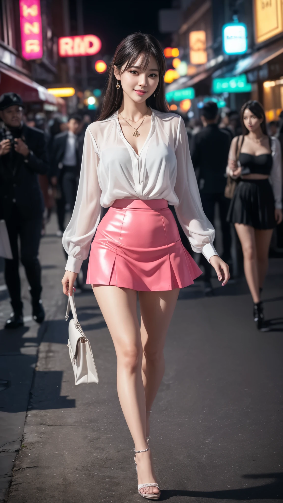 8k, masterpiece, RAW photo, best quality, photorealistic, extremely detailed CG unity 8k wallpaper, Depth of field, Cinematic Light, Lens Flare, Ray tracing, (extremely beautiful face, beautiful lips, beautiful eyes), intricate detail face, ((ultra detailed skin)) 1girl, in the dark, deep shadow, pretty korean girl, kpop idol,(very slim slender fit-muscled body:1.3), ((looking at viewer)),(big smile:1.3), (night, (neon sign), (blurry background), midnight, (without people in the background:1.3), pretty korean girl, white diamond earrings, bracelets, necklace, clear eyes, walking , front shot, (pale skin), face forward, (big eyes), full body shot, ((see through blouse)), (hot pink color blouse)), ((laced skirt)), (looking at viewer:1.3), very slim, medium breasts, Hermes bag, tight mini skirt, medium butts, thick thighs, hot pink skirt, full shot, high heels, long legs