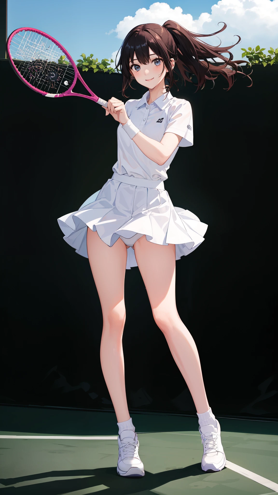(white panties:1.25), (wind:1.25), full body,1The girls, shirts, pleated skirt, , Bob Hair Style, a smile, delightful!, japanese, enmaided, Chromo-white skin, Beautiful eyes, (small tits), Playing tennis, Wimbledon, Wearing white tennis wear, Movie Lighting