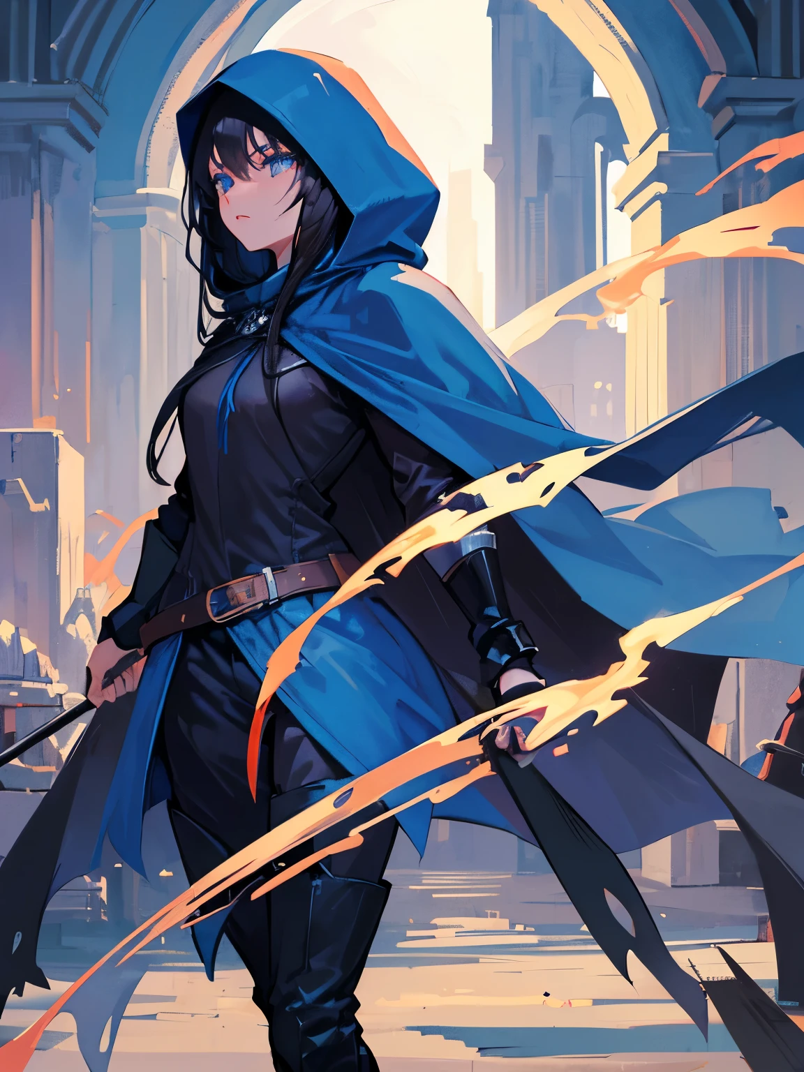 1girl, Black straight long hair, Blue eyes, (Detailed face), Full body, ((intense Blue medieval hood cape)), medieval, (Grasslands bakcground), masterpiece, black pants, (cute face)