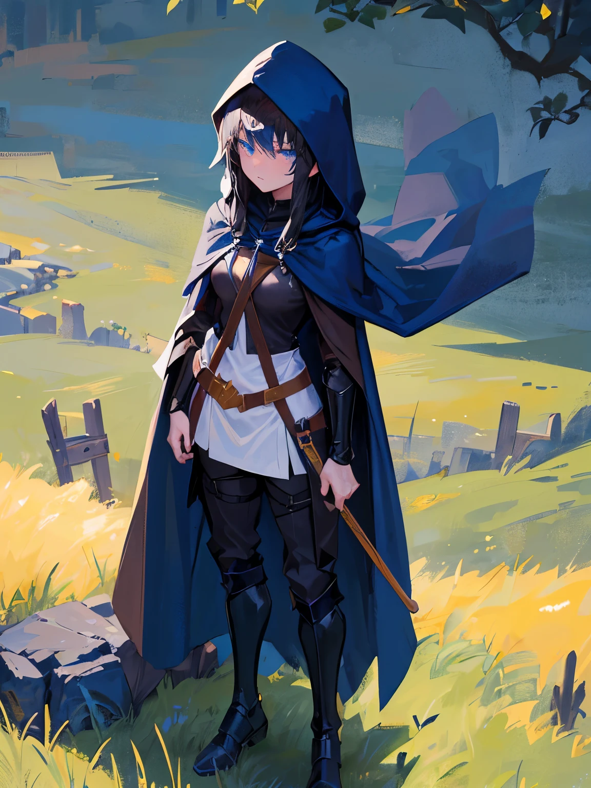 1girl, (Black straight long hair), Blue eyes, (Detailed face), Full body, ((intense Blue medieval hood cape)), medieval, (Grasslands bakcground), masterpiece, black pants, (cute face)