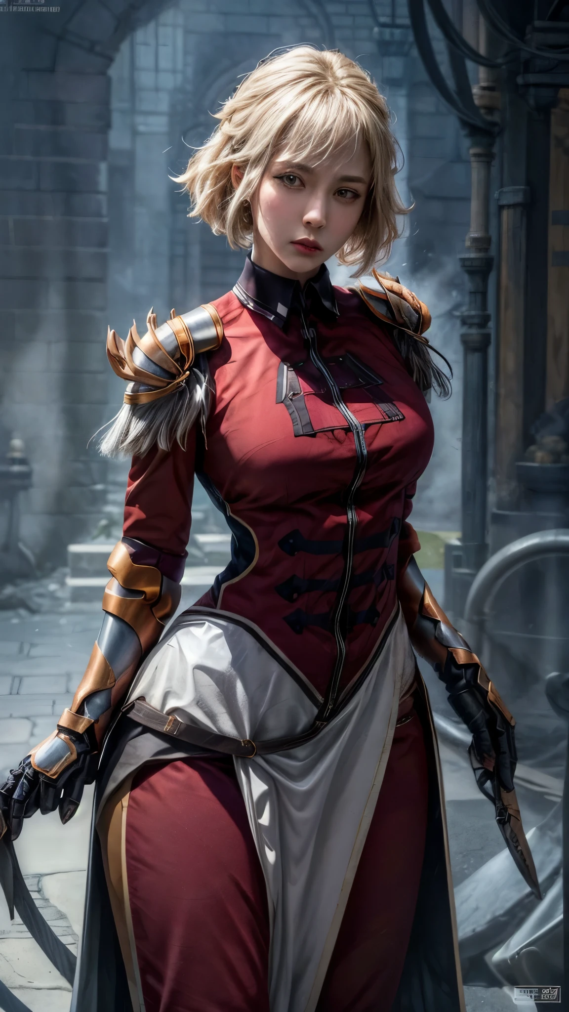 solo, 1girl, cha hae-in, expressionless, looking at viewer, armor, black collar, shoulder armor, long sleeves, gloves, gauntlets, pelvic curtain, large breasts, thick thighs, curvy hips 