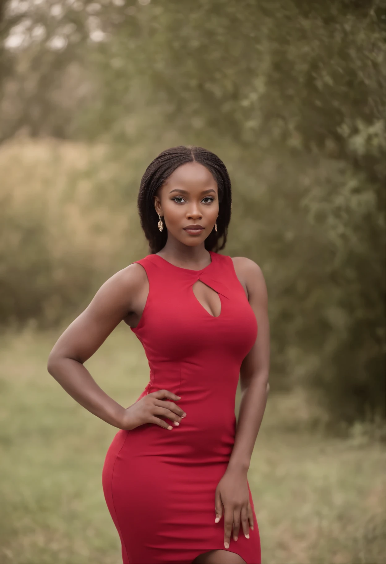 african woman, well-shaped, light complexion, standing,red tight-fitting dress, curvy figure,