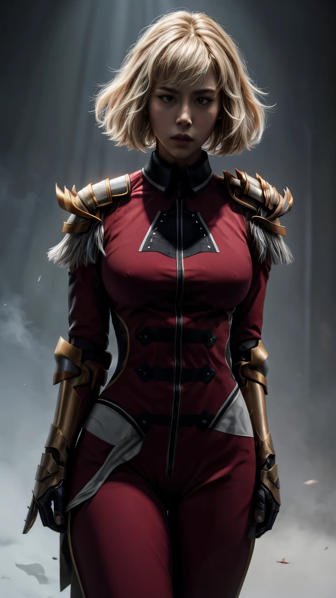 solo, 1girl, cha hae-in, expressionless, looking at viewer, armor, black collar, shoulder armor, long sleeves, gloves, gauntlets, pelvic curtain, large breasts, thick thighs, curvy hips 