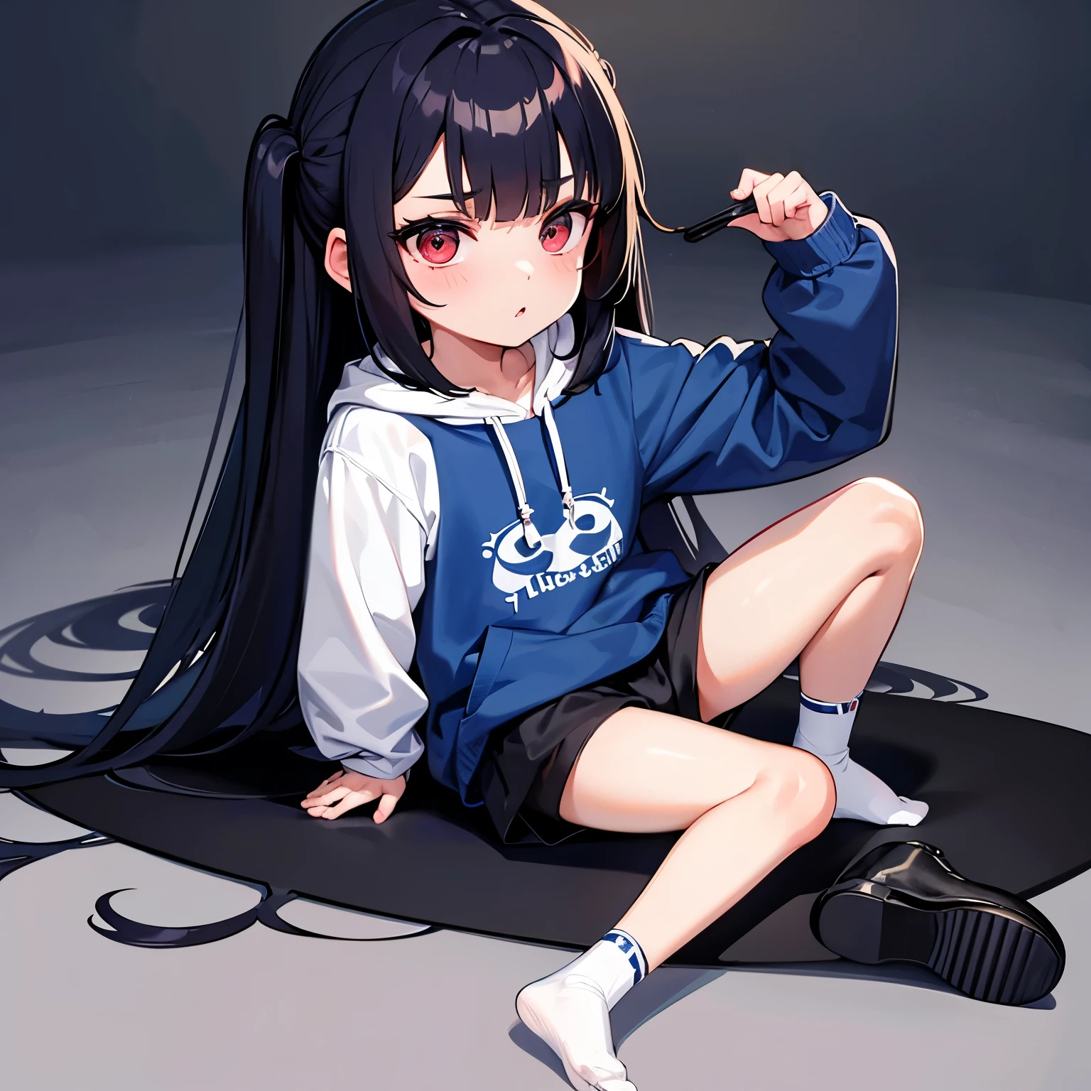 Cabello blanco, ruby eyes and dark blue shorts, sudadera con capucha negra y un vendaje en la pierna, sin zapatos ni calcetines (4 year old little boy)
