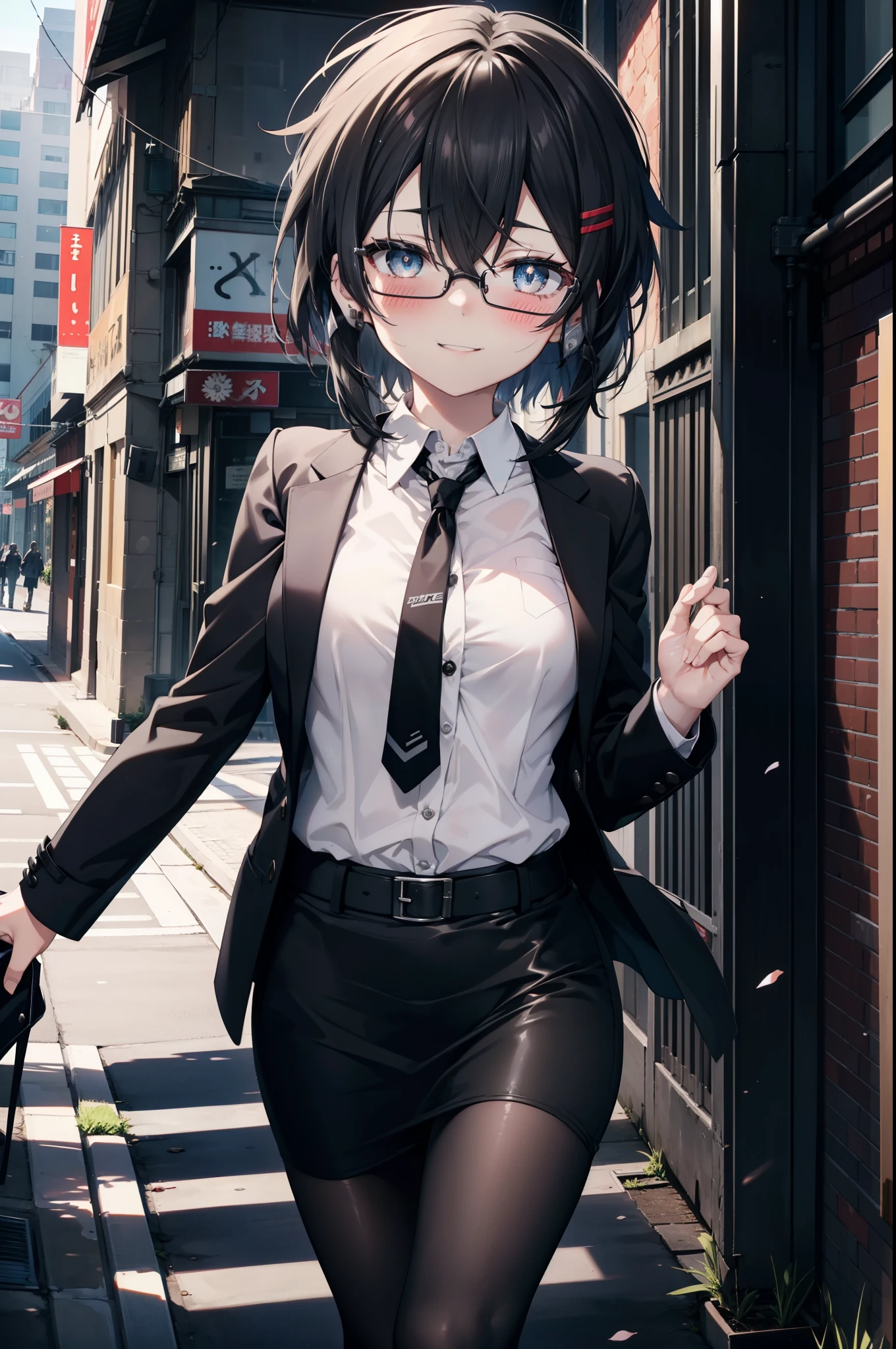 Shino Asada, Shino Asada, (black eye:1.5), Black Hair, Hair between the eyes, Hair Ribbon, short hair, Side Lock, Black-rimmed glasses, Medium-sized bust office lady, Black suit jacket, Collared jacket, White dress shirt, Collared shirt, Neckline, button, Black pencil skirt, Black pantyhose, Stiletto heels,happy smile, smile, Open your mouth, smile,blush,charm, whole bodyがイラストに入るように,morning,morning陽,The sun is rising,Walking,
break looking at viewer,whole body,crowd, people々々,
break outdoors, In town,Building district,Scramble crossing,
break (masterpiece:1.2), highest quality, High resolution, unity 8k wallpaper, (shape:0.8), (Fine and beautiful eyes:1.6), Highly detailed face, Perfect lighting, Highly detailed CG, (Perfect hands, Perfect Anatomy),