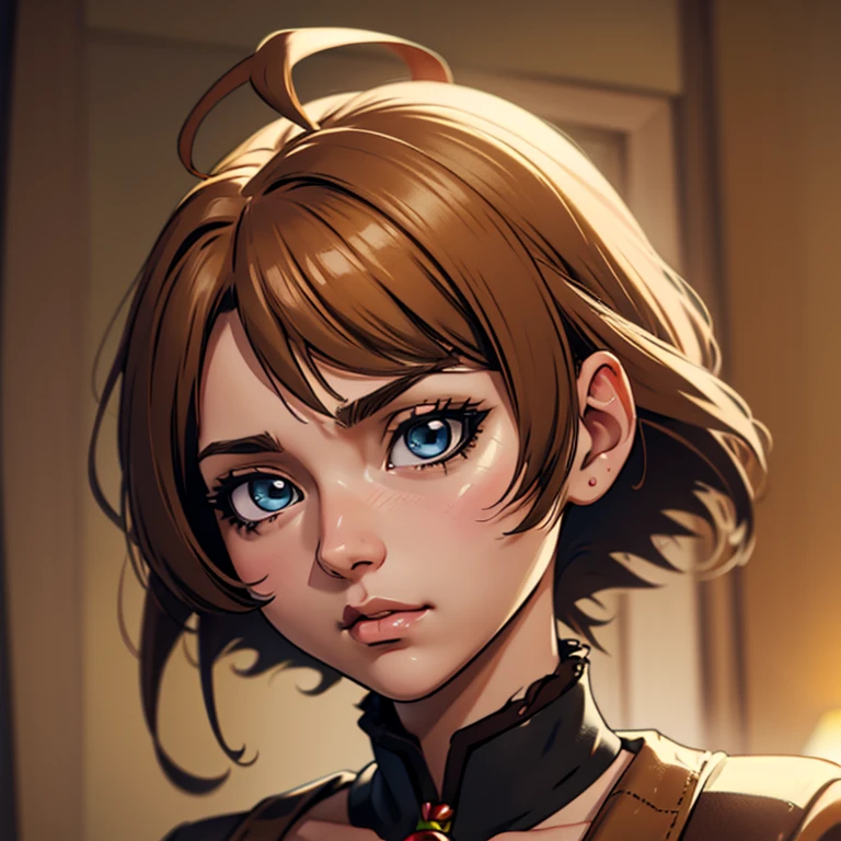 Allard woman wearing a brown shirt and brown jacket, with short hair, soft portrait shot 8k, 8K portrait rendering, Realistic anime 3d style, realistic young anime girl, Gviz-style artwork, real anime girl, anime girl profile, Shirahime cut hairstyle, Side portrait of cute girl, Gviz