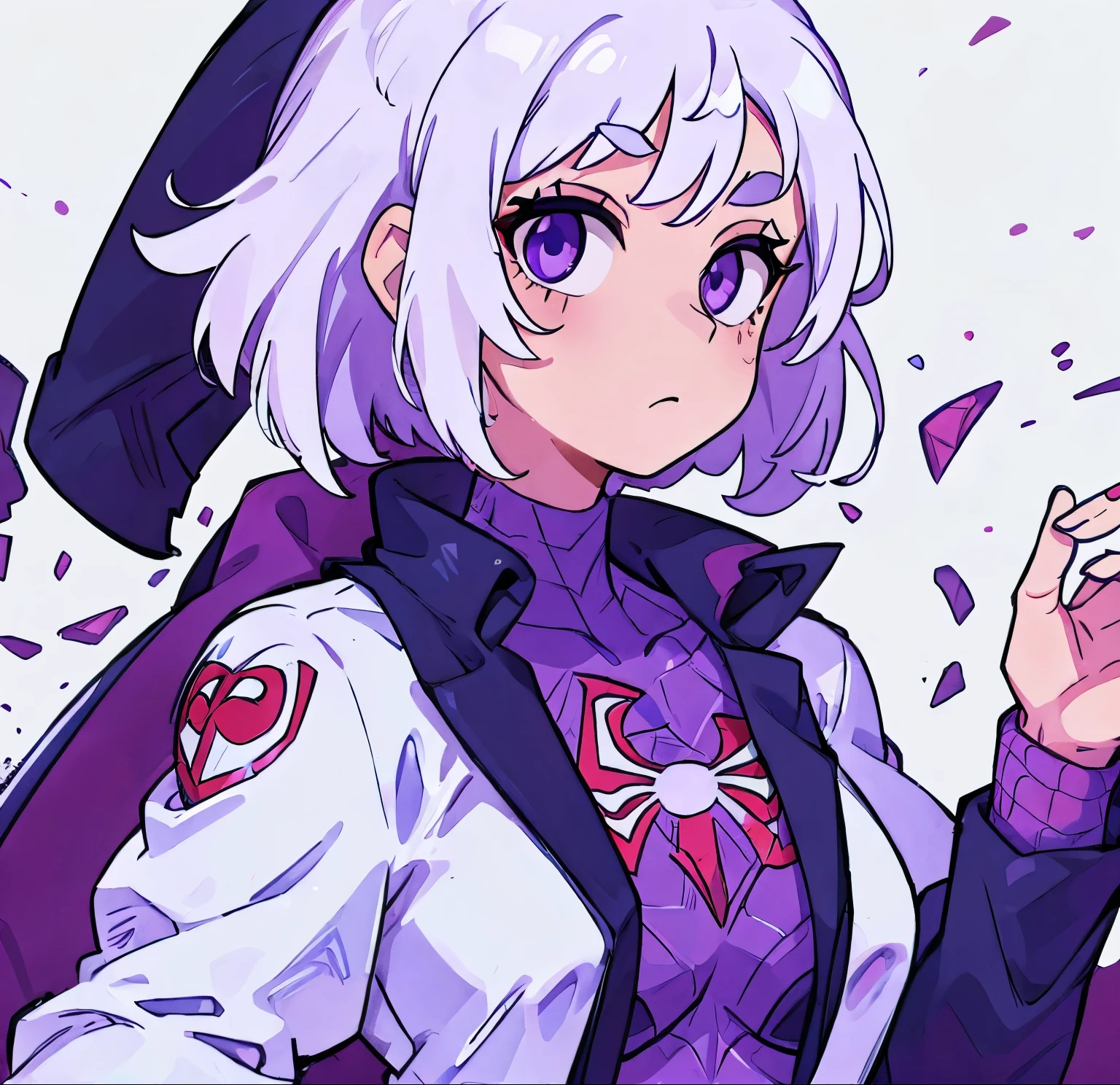 beautiful girl, purple eyes, white hair, spiderman suit, cosplay spider-man, short hair, chanel hair