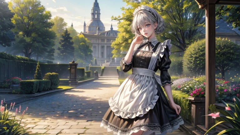 Garden, European style, Tea party, Are standing, Outdoor, (masterpiece, highest quality, Absurd), One girl, Gray Hair, Short Straight Hair, Blunt bangs, Flat Chest, Tight waist, Grey Eyes, petal, Pale skin, Maid, Maid headdress, Maid apron, Cowboy Shot, blush, A light smile, Tilt your head, bow,Cinema Lighting、highest quality, 8k wallpaper, Super detailed, beautifully、aesthetic, masterpiece, Realistic, (Highly detailed and accurate hand and foot generation、Removal of excess body parts:1.4)