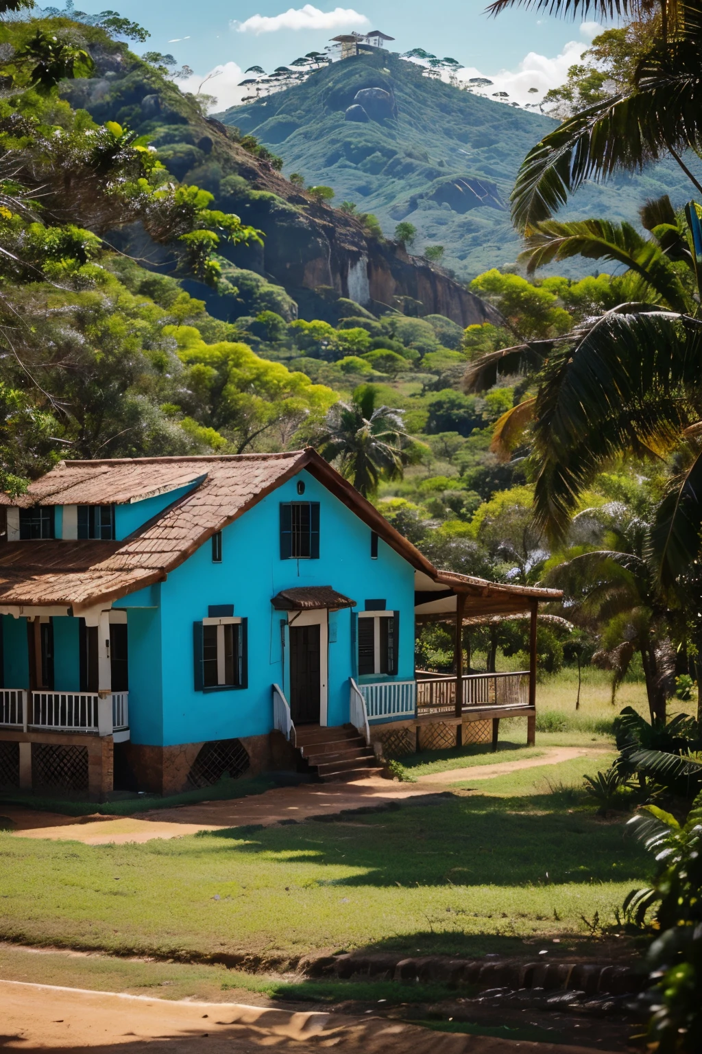 Crie uma linda paisagem de cerrado brasileiro em.um dia ensolarado dr ceu azul claro vibrante com uma bela casa de fazenda colonial brasileira