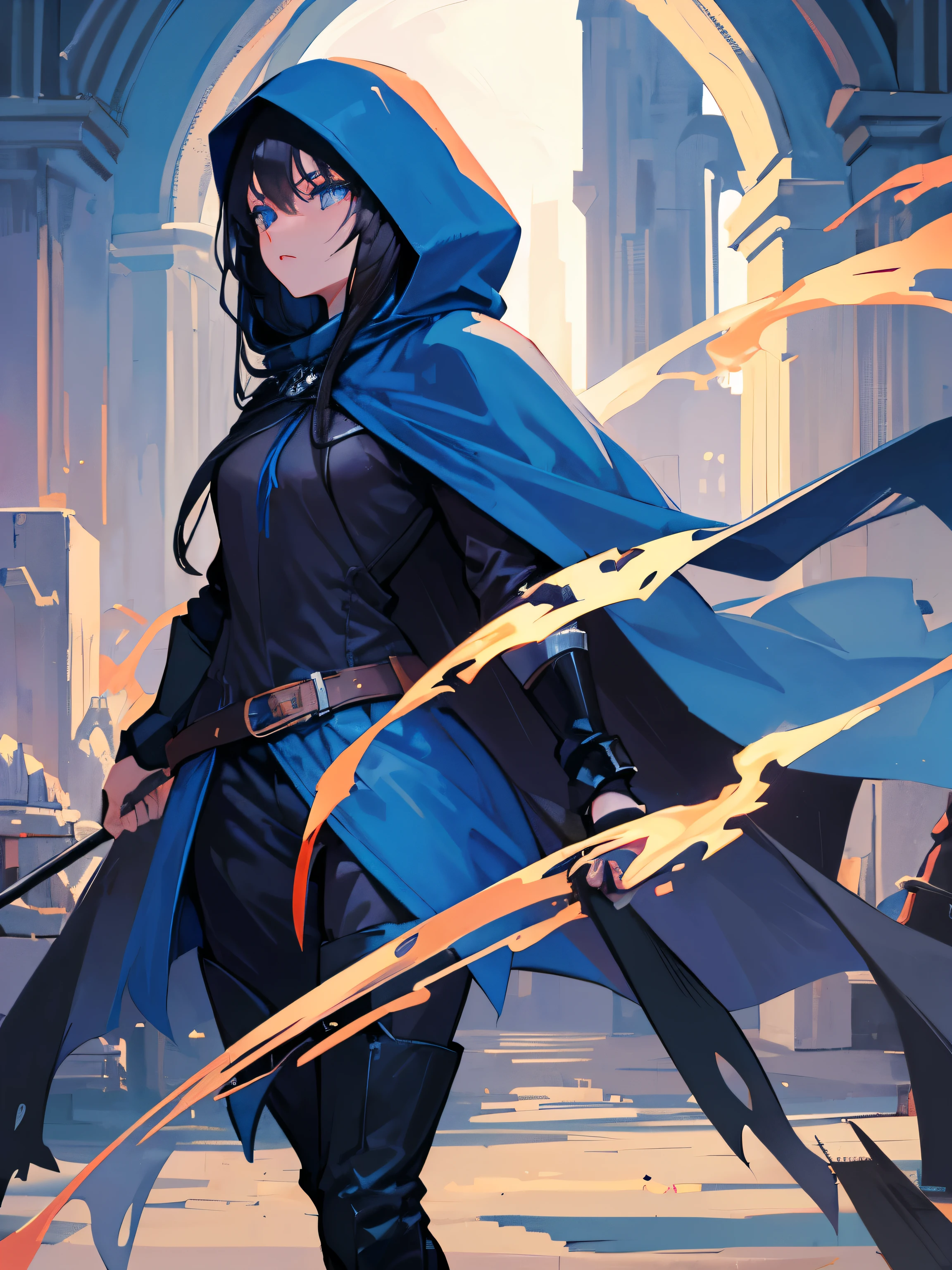 1girl, Black straight long hair, Blue eyes, (Detailed face), Full body, ((intense Blue medieval hood cape)), medieval, (Grasslands bakcground), masterpiece, black pants, (cute face)