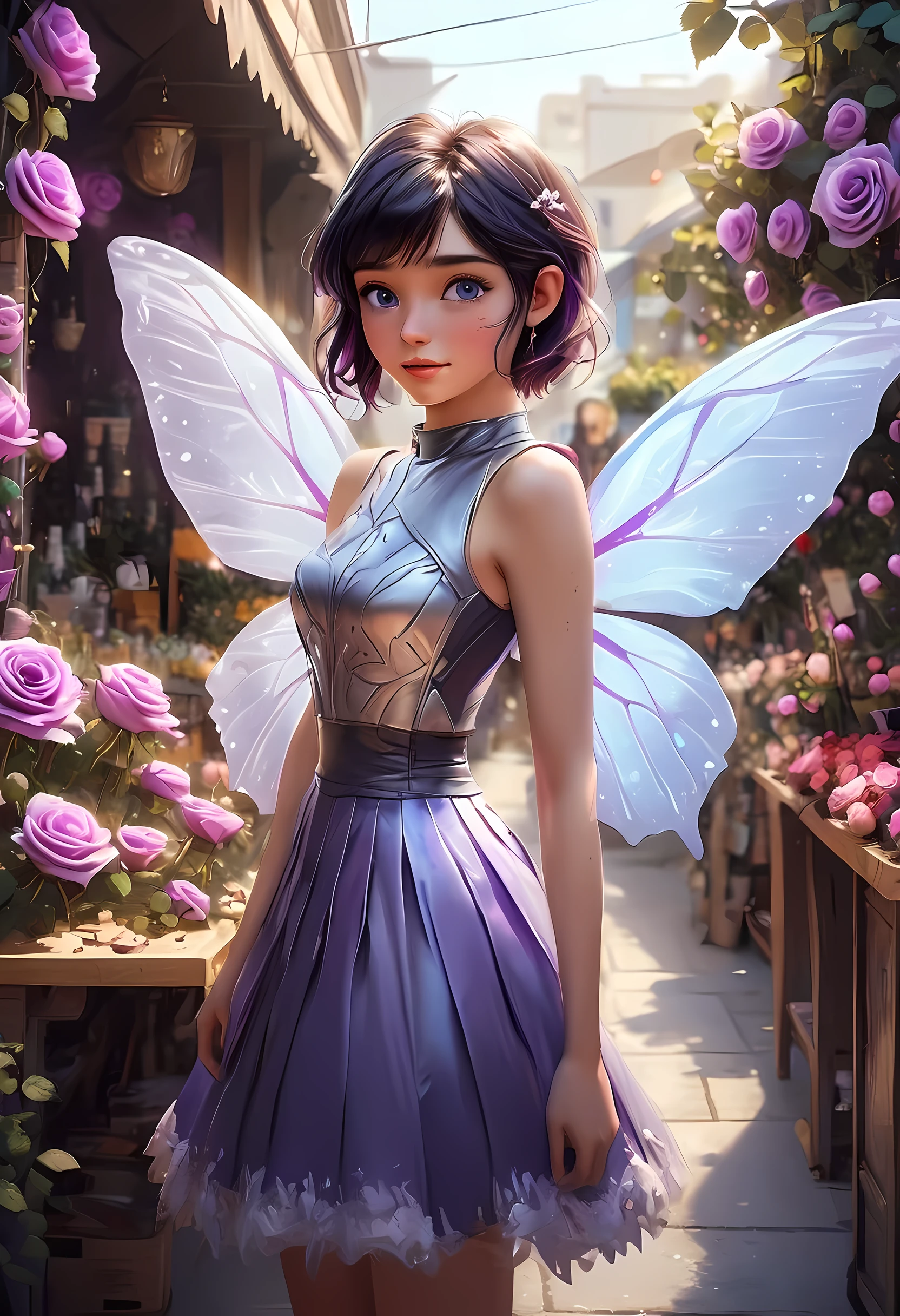 high details, best quality, 16k, RAW, [best detailed], masterpiece, best quality, (extremely detailed), GlowingRunes_paleblue, full body, ultra wide shot, photorealistic, fantasy art, RPG art, D&D art, a picture of a fairy selling flowers in a florist shop, extremely beautiful fairy, ultra feminine (intense details, Masterpiece, best quality), (purple: 1.3) butterfly wings (intense details, Masterpiece, best quality), purple and white wings (intense details, Masterpiece, best quality),  black hair, pixie cut hair, shinning hair, flowing hair, shy smile, innocent smile, blue eyes, wearing black skirt, dynamic elegant shirt, chocker, wearing high heels, in flower shop (intense details, Masterpiece, best quality), extreme many (red roses: 1.3) (intense details, Masterpiece, best quality), (red: 1.3) roses shop in a modern era street, High Detail, Ultra High Quality, High Resolution, 16K Resolution, Ultra HD Pictures, Ultra Realistic, Clear Details, Realistic Detail, Ultra High Definition, Big Fairy Wings, wearing edgLL leather lingerie, ArmoredDress