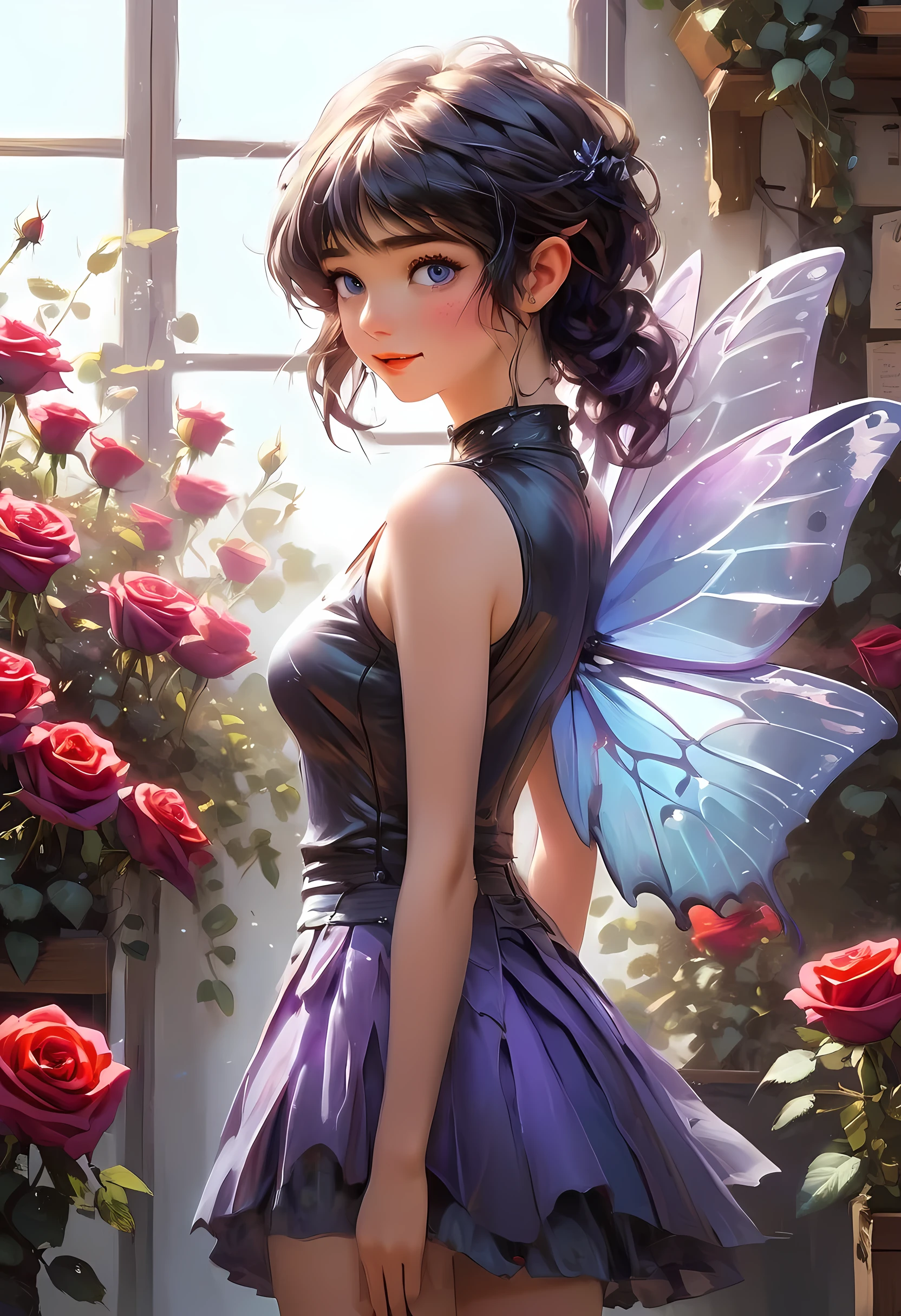 high details, best quality, 16k, RAW, [best detailed], masterpiece, best quality, (extremely detailed), GlowingRunes_paleblue, full body, ultra wide shot, photorealistic, fantasy art, RPG art, D&D art, a picture of a fairy selling flowers in a florist shop, extremely beautiful fairy, ultra feminine (intense details, Masterpiece, best quality), (purple: 1.3) butterfly wings (intense details, Masterpiece, best quality), purple and white wings (intense details, Masterpiece, best quality),  black hair, pixie cut hair, shinning hair, flowing hair, shy smile, innocent smile, blue eyes, wearing black skirt, dynamic elegant shirt, chocker, wearing high heels, in flower shop (intense details, Masterpiece, best quality), extreme many (red roses: 1.3) (intense details, Masterpiece, best quality), (red: 1.3) roses shop in a modern era street, High Detail, Ultra High Quality, High Resolution, 16K Resolution, Ultra HD Pictures, Ultra Realistic, Clear Details, Realistic Detail, Ultra High Definition, Big Fairy Wings, wearing edgLL leather lingerie, ArmoredDress