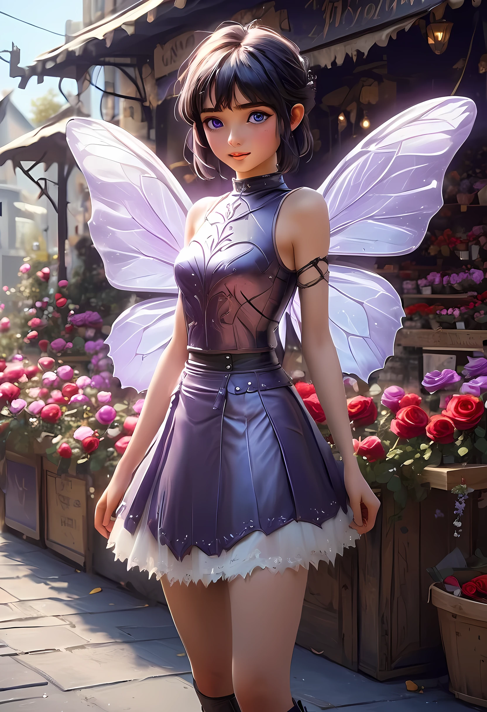 high details, best quality, 16k, RAW, [best detailed], masterpiece, best quality, (extremely detailed), GlowingRunes_paleblue, full body, ultra wide shot, photorealistic, fantasy art, RPG art, D&D art, a picture of a fairy selling flowers in a florist shop, extremely beautiful fairy, ultra feminine (intense details, Masterpiece, best quality), (purple: 1.3) butterfly wings (intense details, Masterpiece, best quality), purple and white wings (intense details, Masterpiece, best quality),  black hair, pixie cut hair, shinning hair, flowing hair, shy smile, innocent smile, blue eyes, wearing black skirt, dynamic elegant shirt, chocker, wearing high heels, in flower shop (intense details, Masterpiece, best quality), extreme many (red roses: 1.3) (intense details, Masterpiece, best quality), (red: 1.3) roses shop in a modern era street, High Detail, Ultra High Quality, High Resolution, 16K Resolution, Ultra HD Pictures, Ultra Realistic, Clear Details, Realistic Detail, Ultra High Definition, Big Fairy Wings, wearing edgLL leather lingerie, ArmoredDress