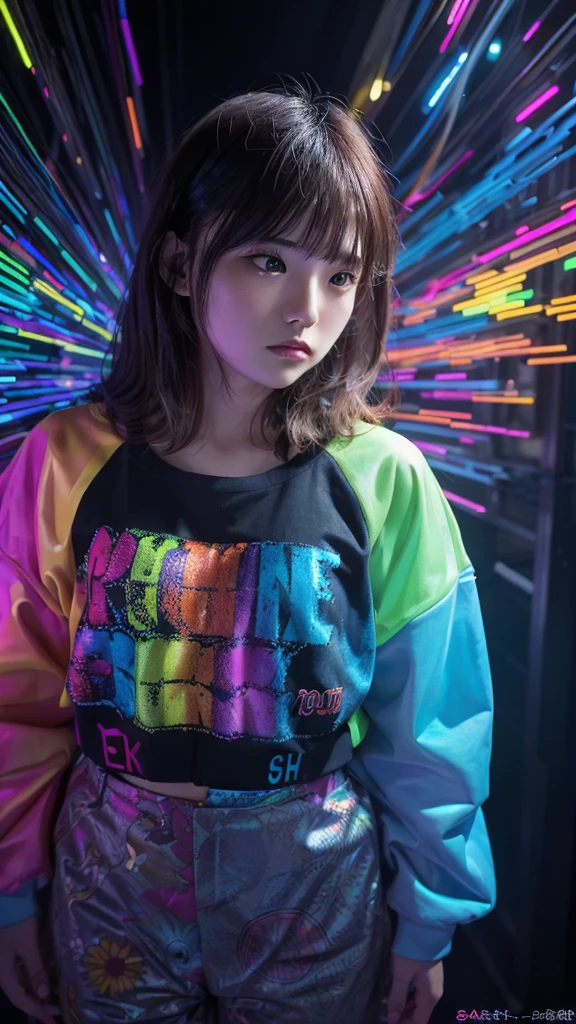 (close), Portraiture, Portraiture, (alone), masterpiece, highest quality, Clothes with strong contrast, psychedelic, [[[LSD]]], particle, bloom, Neon lighting, (Shine), Flat Color, Splashes of color, Mixing colors