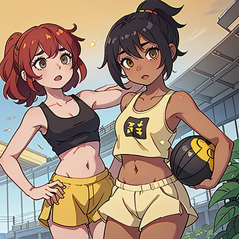 2girls,, girl on left has dark skin, short black hair, yellow eyes, yellow sportsbra, blue miniskirt, midriff, navel, plump,, girl on right has tan skin, red hair, twintails, green eyes, yellow croptop, croptop overhang, midriff, navel, short green shorts, chubby,, low angle, track field, facing viewer