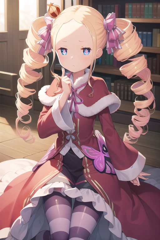 beatrice, beatrice, blonde hair, blue eyes, (butterfly-shaped pupils:1.5), drill hair, long hair, parted bangs, (forehead:1.5), symbol-shaped pupils, twin drills, sidelocks,
BREAK bow, capelet, crown, dress, frilled bow, frills, fur trim, fur-trimmed capelet, long dress, long sleeves, mini crown, pantyhose, red capelet, sleeves past wrists, striped, striped pantyhose,
BREAK looking at viewer, full body,
BREAK indoors, library,
BREAK (masterpiece:1.2), best quality, high resolution, unity 8k wallpaper, (illustration:0.8), (beautiful detailed eyes:1.6), extremely detailed face, perfect lighting, extremely detailed CG, (perfect hands, perfect anatomy),