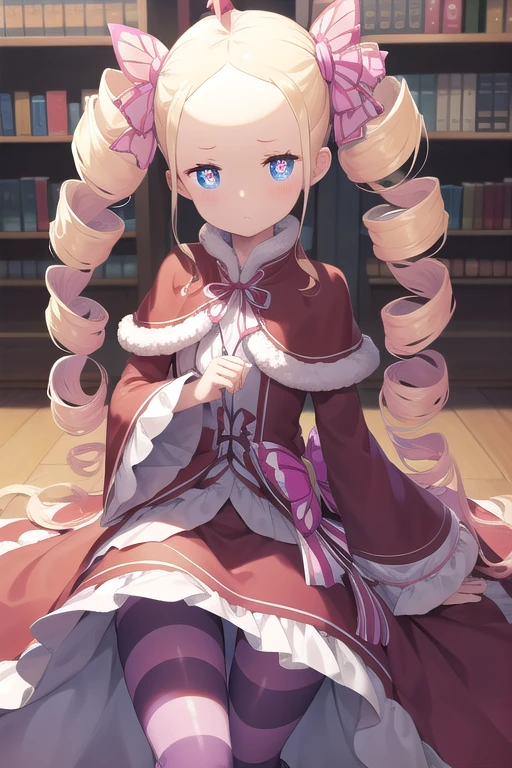 beatrice, beatrice, blonde hair, blue eyes, (butterfly-shaped pupils:1.5), drill hair, long hair, parted bangs, (forehead:1.5), symbol-shaped pupils, twin drills, sidelocks,
BREAK bow, capelet, crown, dress, frilled bow, frills, fur trim, fur-trimmed capelet, long dress, long sleeves, mini crown, pantyhose, red capelet, sleeves past wrists, striped, striped pantyhose,
BREAK looking at viewer, full body,
BREAK indoors, library,
BREAK (masterpiece:1.2), best quality, high resolution, unity 8k wallpaper, (illustration:0.8), (beautiful detailed eyes:1.6), extremely detailed face, perfect lighting, extremely detailed CG, (perfect hands, perfect anatomy),