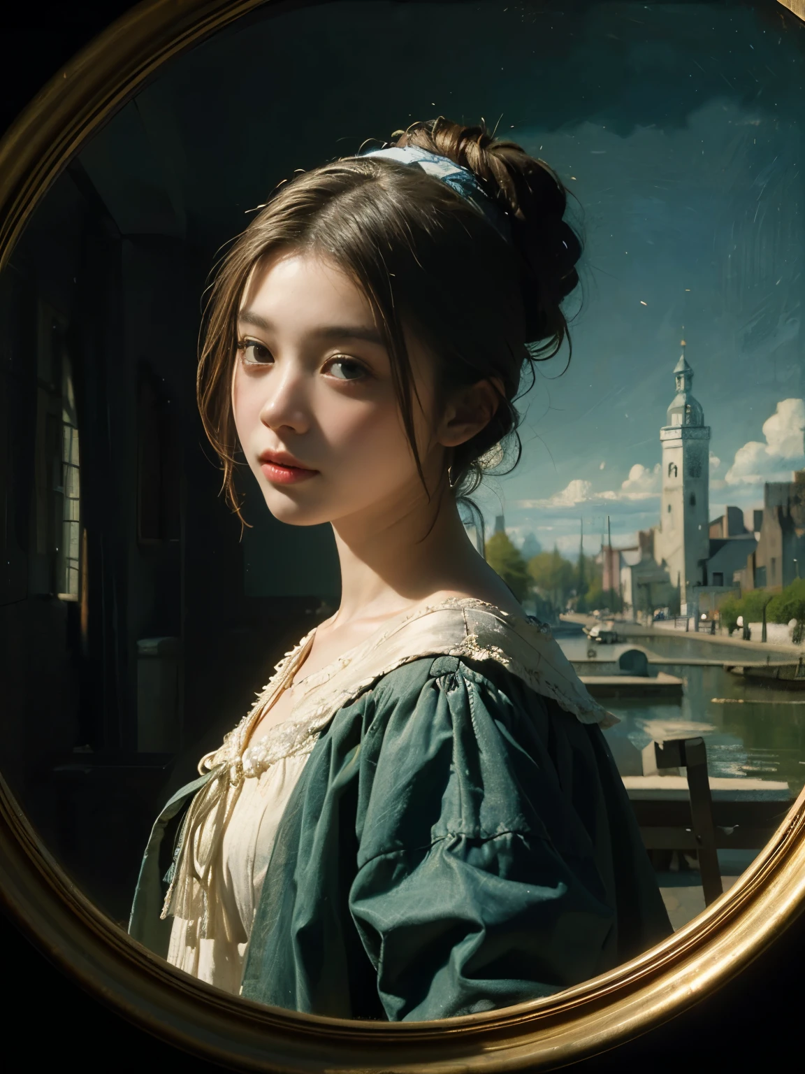 (8k, highest quality, masterpiece)，(Realistic, RAW Photos, Super Fine Clear, Influenced by impressionist paintings, Pointillism,vermeer&#39;s style,Surat&#39;s painting style, Monet&#39;s style:1.8), Realistic Light, Detailed skin, (1 beautiful fairy with a slim body, Age 25, princess:1.5), Thin legs, fine grain, Long white hair, Detailed fingers, thin, Sexual, Expressions of Ecstasy, Big, bouncy, firm bust, (Crimson dress),The dress has a wide opening at the chest, Exposing the breasts, (Outdoor, Shangri-La, Flower storm), Lakeside palace