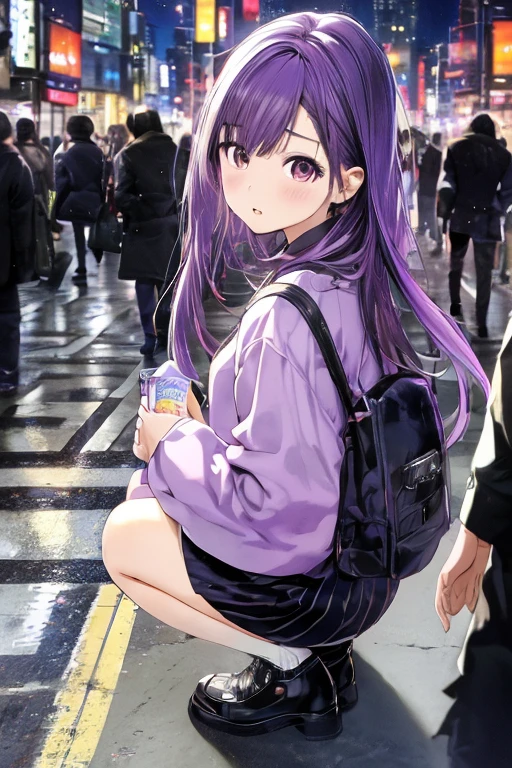 highest quality,super high quality, The background is Shibuya, Isometric image of a slender girl with purple hair and black eyes, similar to Akane Kurokawa, looking back cunningly during a date,Full-body portrait