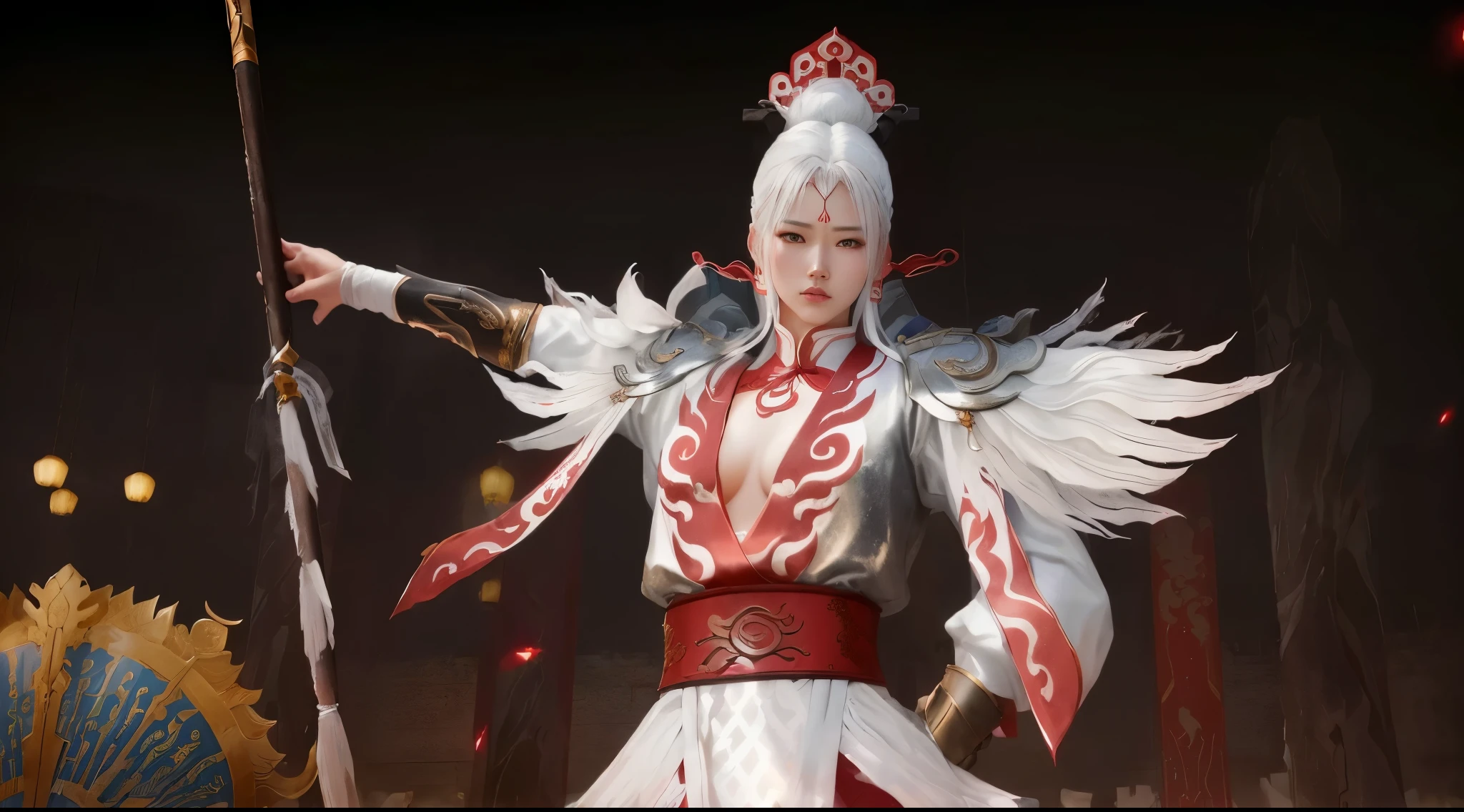 there is a statue of a woman dressed in a white and red outfit, heise jinyao, inspired by Li Kan, xianxia hero, inspired by Huang Shen, inspired by Ju Lian, yiqiang and shurakrgt, zhao yun, inspired by Du Jin, inspired by Pu Hua, full body xianxia, bian lian