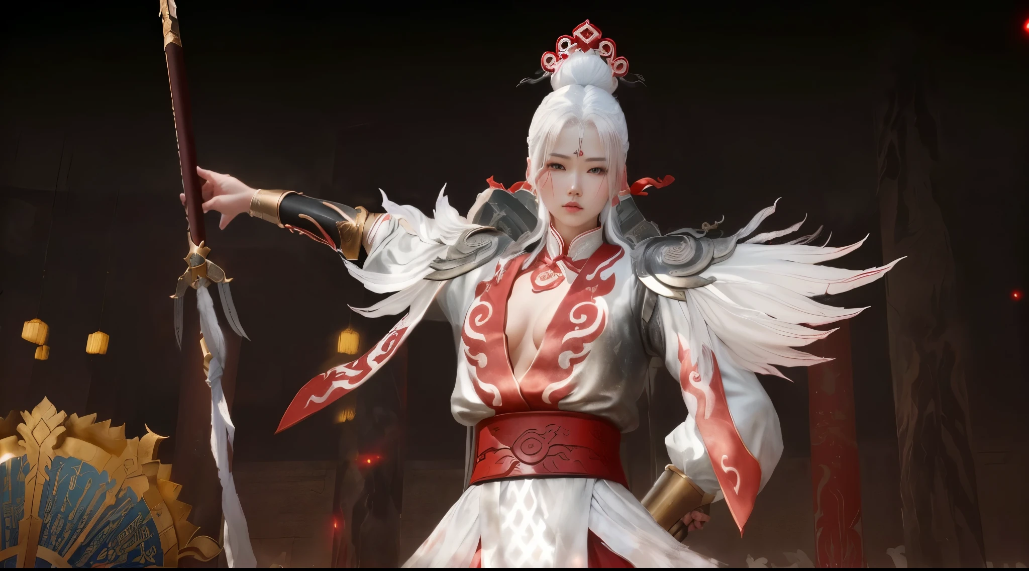 there is a statue of a woman dressed in a white and red outfit, heise jinyao, inspired by Li Kan, xianxia hero, inspired by Huang Shen, inspired by Ju Lian, yiqiang and shurakrgt, zhao yun, inspired by Du Jin, inspired by Pu Hua, full body xianxia, bian lian
