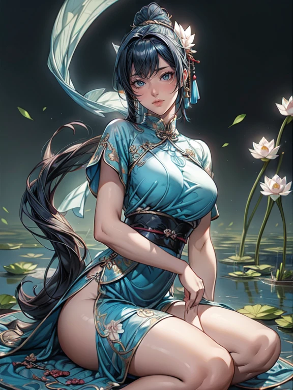 Ancient Chinese beauty sitting on a stone, Wearing ancient Chinese costumes, Flowing blue tulle, light silk, Lazy pose, Big lotus leaf, Lotus flower, Ink painting style, Beautiful colors, The decisive cut, blank, free-hand, masterpiece, Very detailed, A magnificent composition, high quality, 最high quality, 4k 