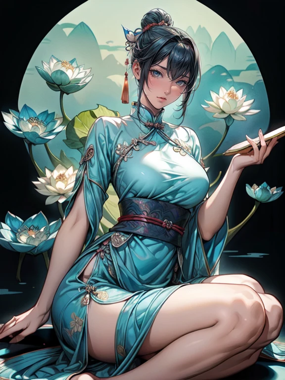 Ancient Chinese beauty sitting on a stone, Wearing ancient Chinese costumes, Flowing blue tulle, light silk, Lazy pose, Big lotus leaf, Lotus flower, Ink painting style, Beautiful colors, The decisive cut, blank, free-hand, masterpiece, Very detailed, A magnificent composition, high quality, 最high quality, 4k 