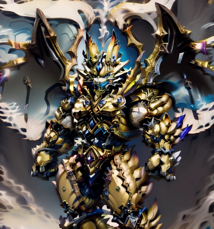 Zeraora's giant robot. (masterpiece, best quality, detailed:1.2) (Pokémon) Powered exoskeleton with the same design as Zeraora big muscle, GIANT, pecs, triceps, traps, waist narrow. bulge in the crotch, with huge golden laser sword, body full of huge muscles. also have a cloak on my back. The cloak is so long that it touches the ground, showing off muscles, mechs, Correct limbs, detailed full body, Very muscular, Large pecs, Heavyweight, Bodybuilder figure, Wearing cyberpunk mecha, big bump, sparkling skin, Vibrant colors, 4K, realism, Don't stray too far from Zeraora's design, Furry Heroes, Main is yellow COLOR, have big wings.
