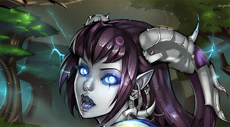 Monara from World of Warcraft, short purple hair, horns, blue glowing eyes, Warcraft League of legends splash art